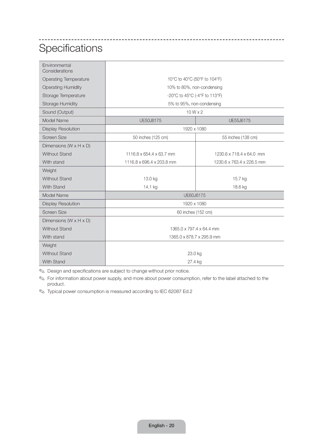 Samsung UE55J6175AUXXE, UE60J6175AUXXE, UE50J6175AUXXE manual Specifications 