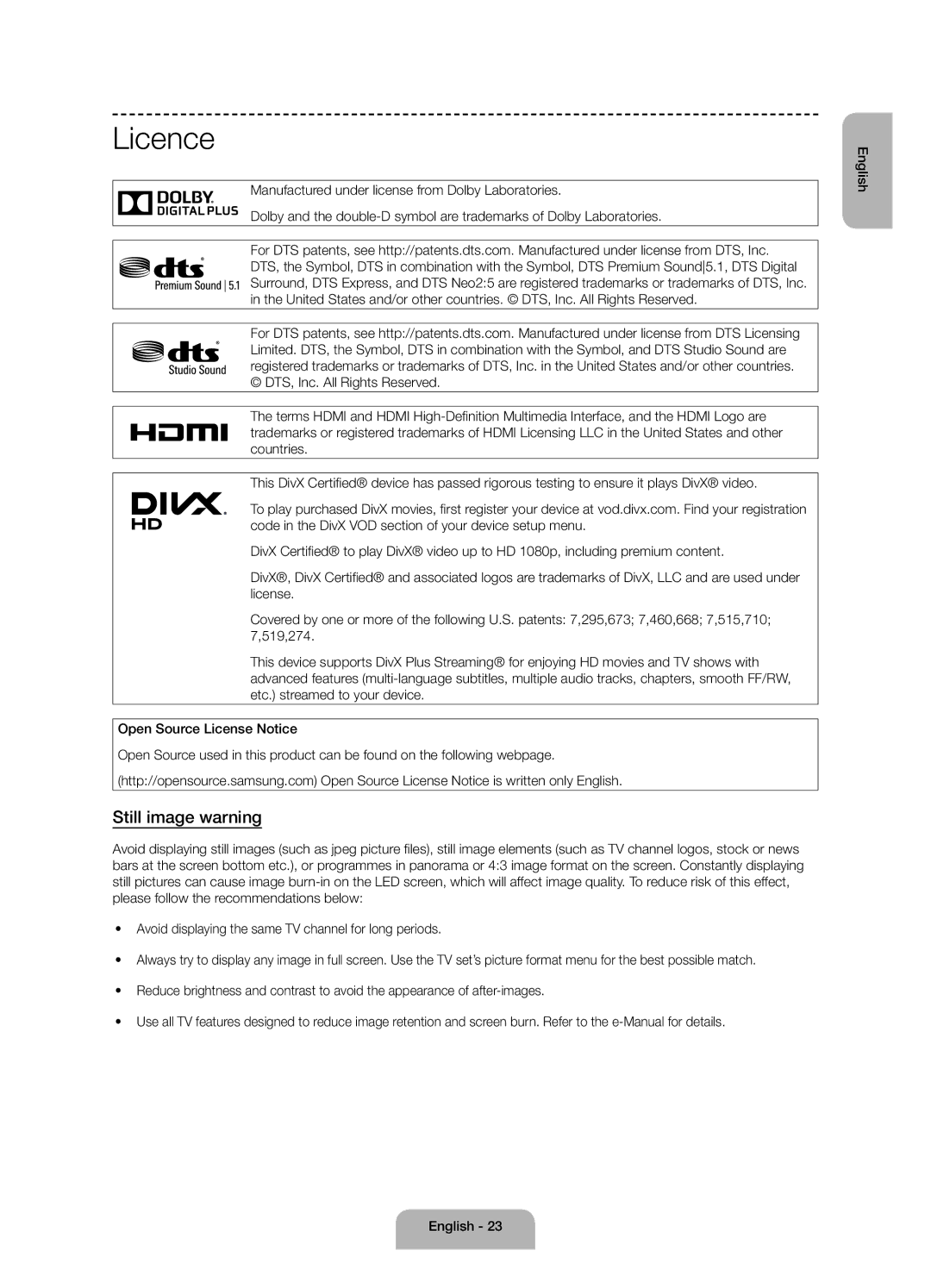 Samsung UE55J6175AUXXE, UE60J6175AUXXE, UE50J6175AUXXE manual Licence, Still image warning 