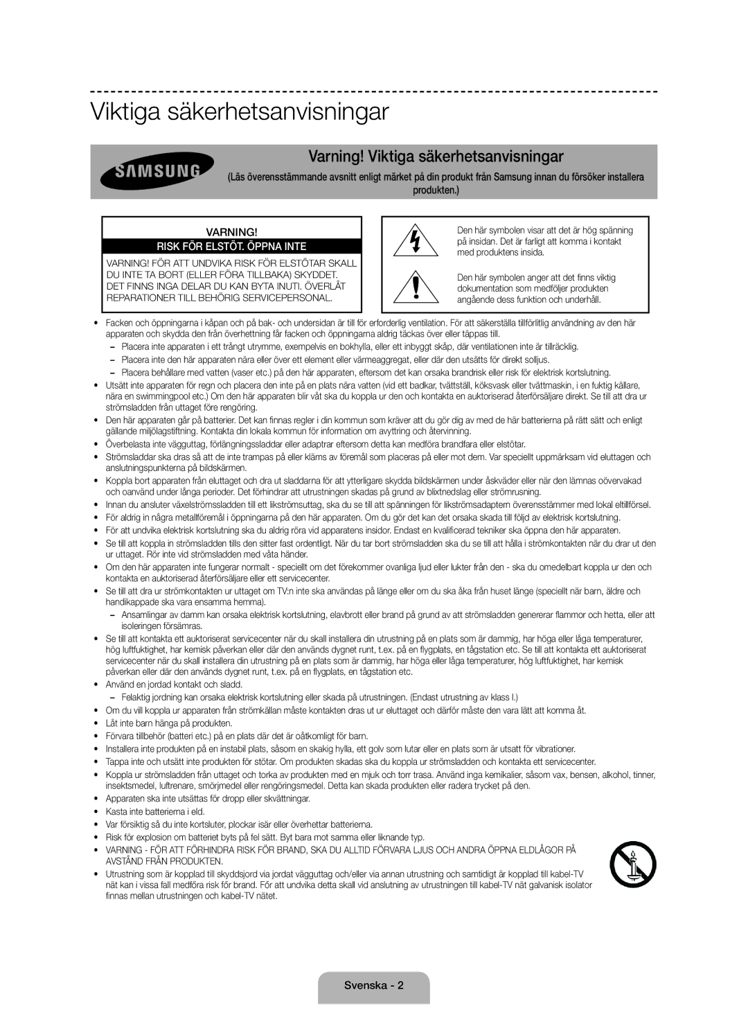 Samsung UE55J6175AUXXE, UE60J6175AUXXE, UE50J6175AUXXE manual Viktiga säkerhetsanvisningar, Svenska 