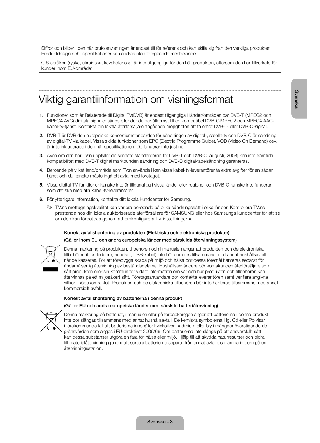 Samsung UE60J6175AUXXE, UE50J6175AUXXE, UE55J6175AUXXE manual Viktig garantiinformation om visningsformat 