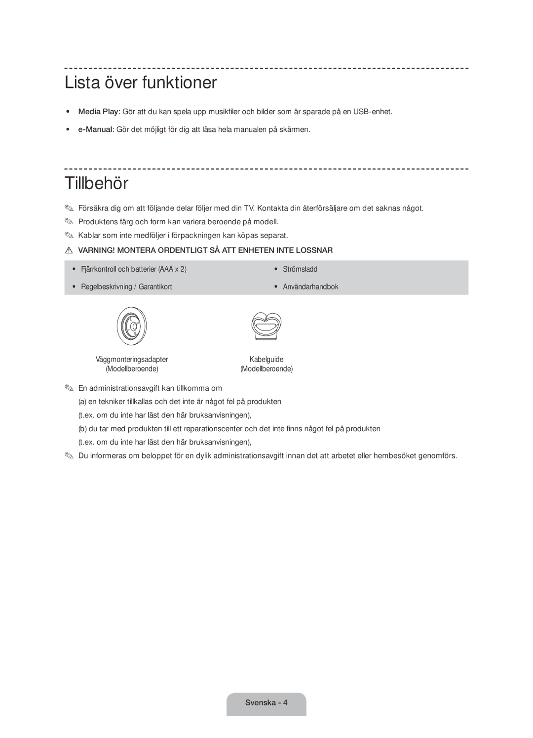 Samsung UE50J6175AUXXE, UE60J6175AUXXE, UE55J6175AUXXE manual Lista över funktioner, Tillbehör 