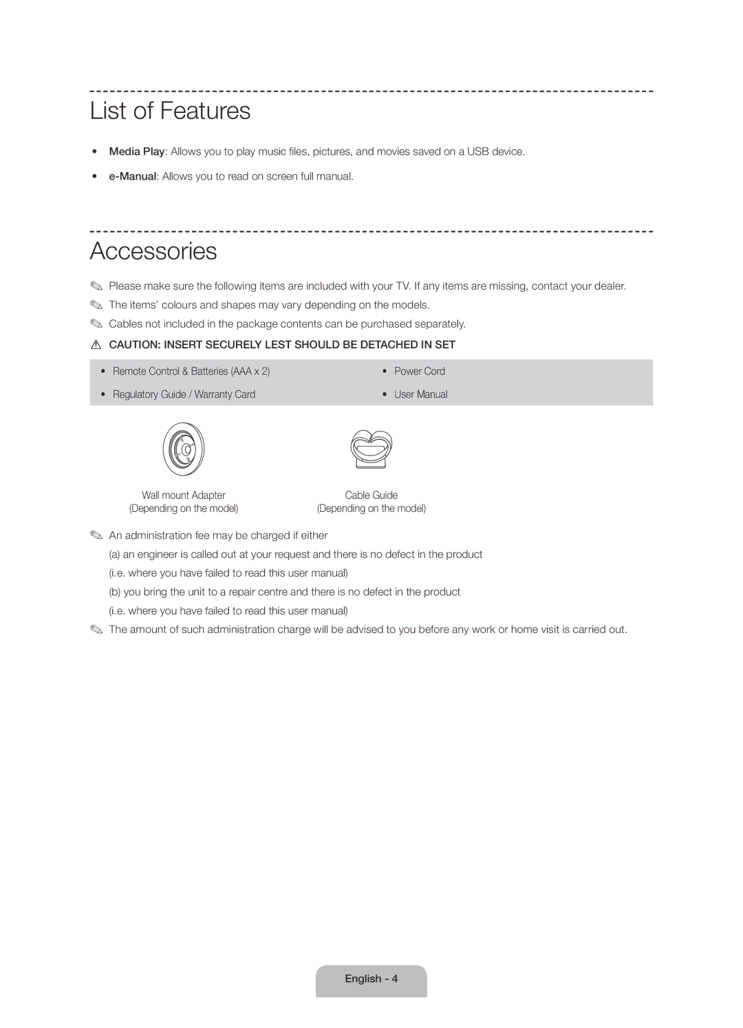 Samsung UE50J6175AUXXE, UE60J6175AUXXE List of Features, Accessories, Manual Allows you to read on screen full manual 