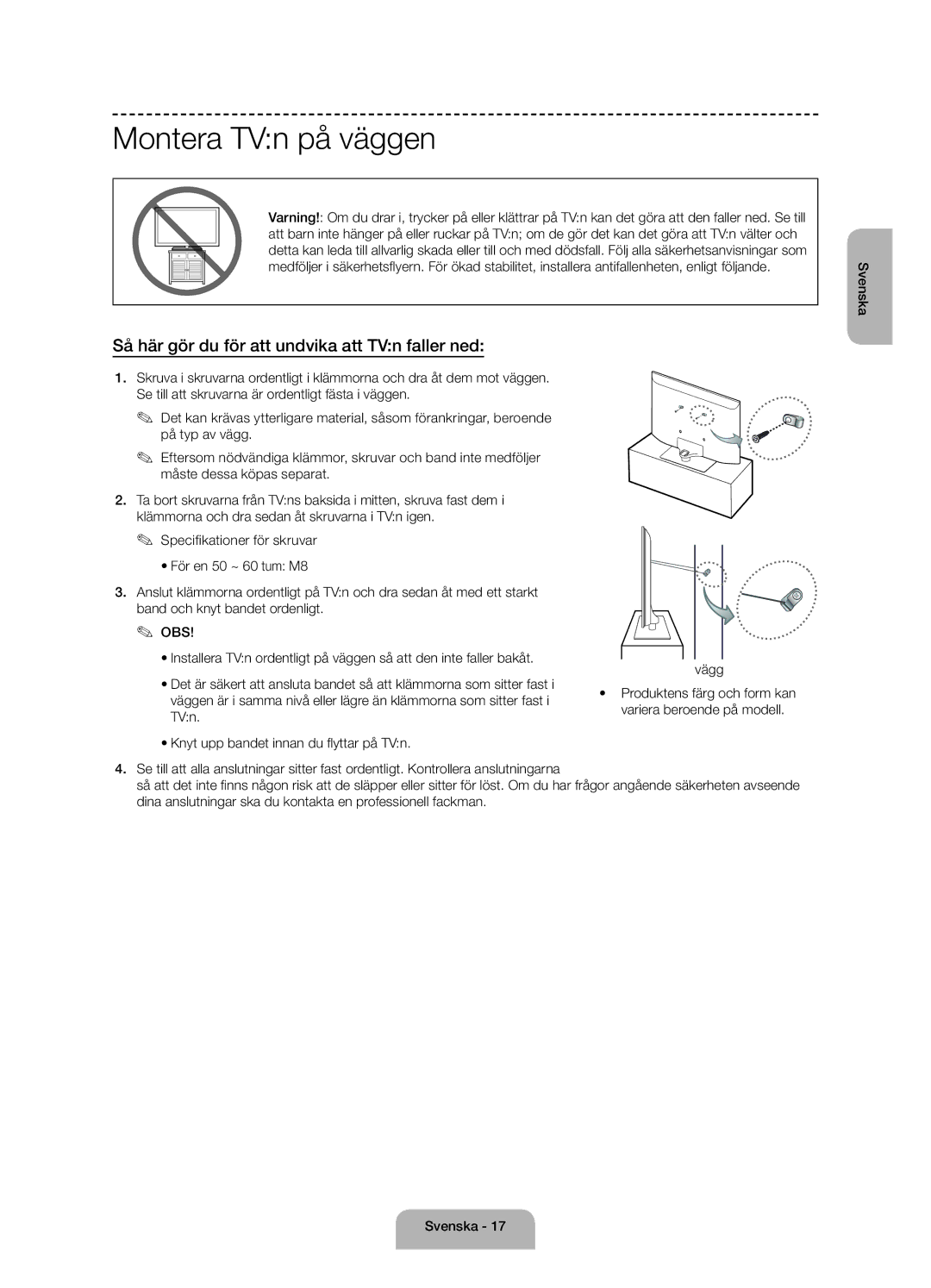 Samsung UE55J6175AUXXE, UE60J6175AUXXE manual Montera TVn på väggen, Så här gör du för att undvika att TVn faller ned 