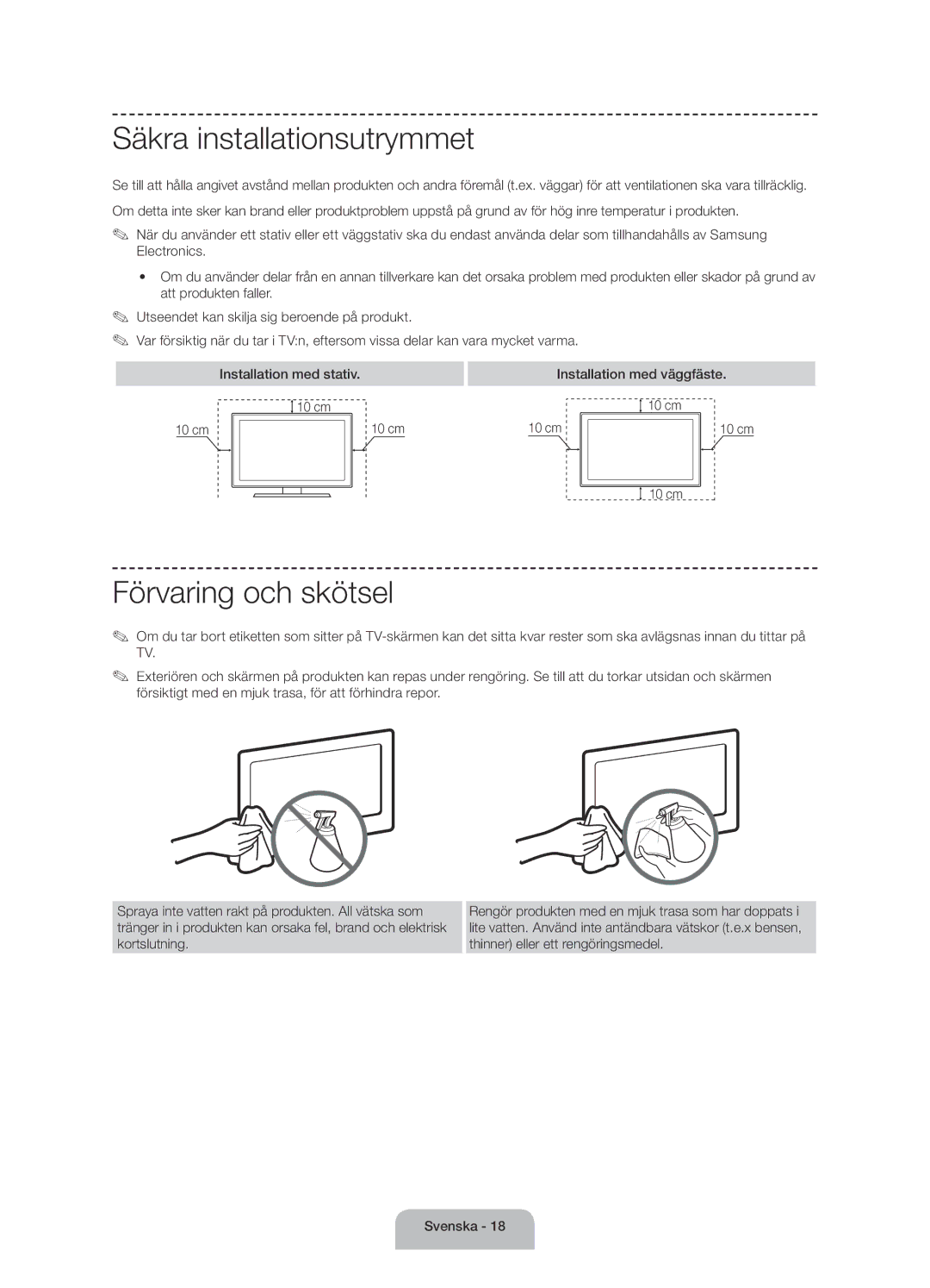 Samsung UE60J6175AUXXE manual Säkra installationsutrymmet, Förvaring och skötsel, Installation med väggfäste 10 cm 