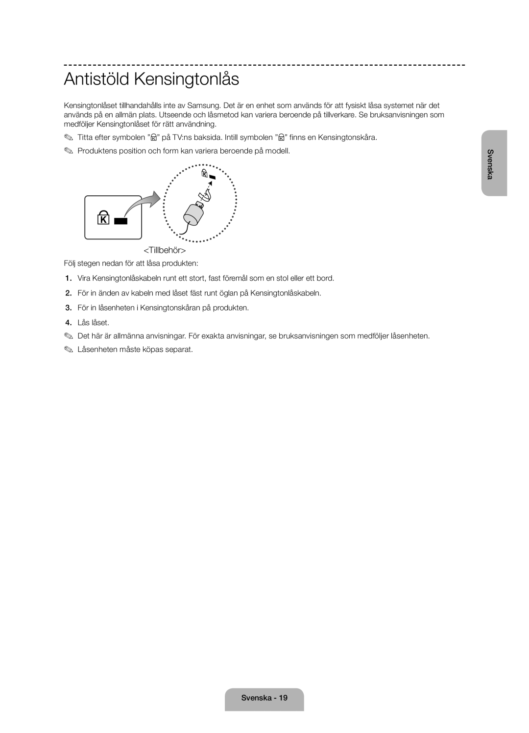 Samsung UE50J6175AUXXE, UE60J6175AUXXE, UE55J6175AUXXE manual Antistöld Kensingtonlås, Tillbehör 