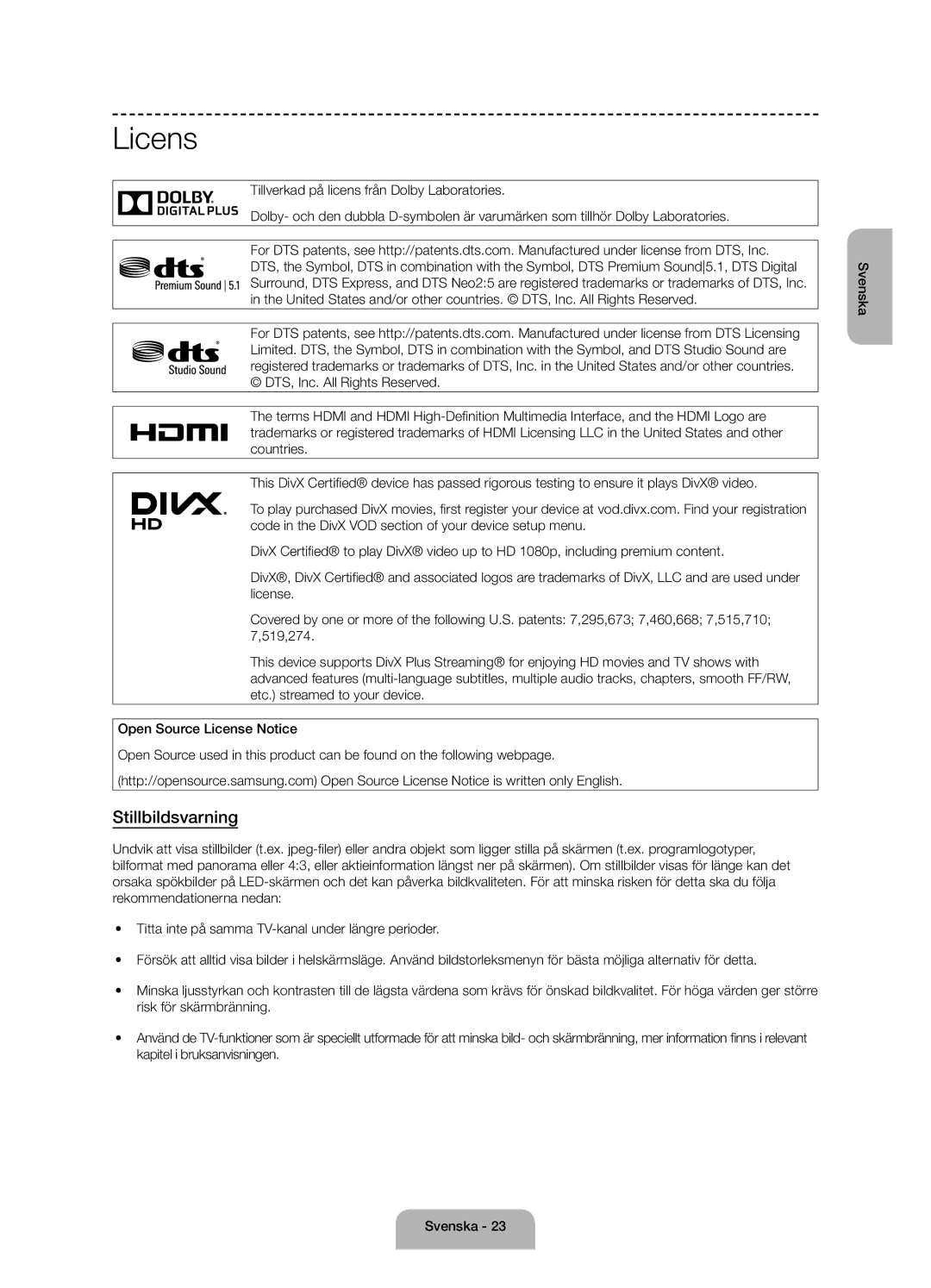 Samsung UE55J6175AUXXE, UE60J6175AUXXE, UE50J6175AUXXE manual Licens, Stillbildsvarning 