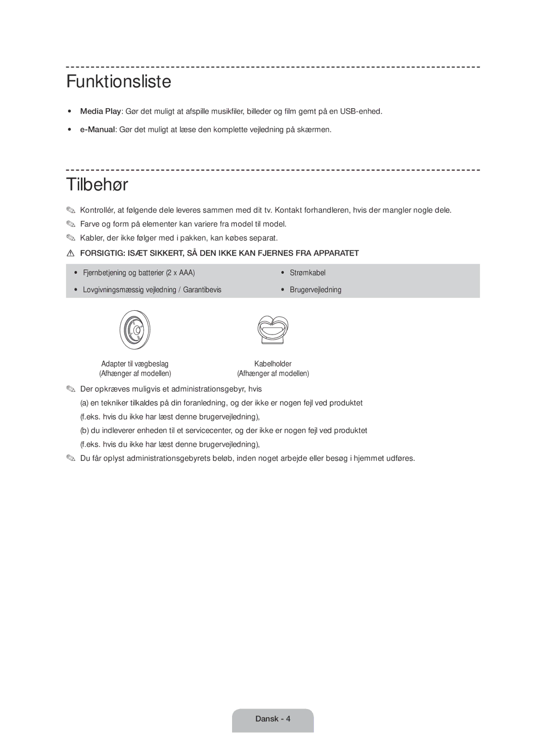 Samsung UE50J6175AUXXE, UE60J6175AUXXE, UE55J6175AUXXE manual Funktionsliste, Tilbehør 