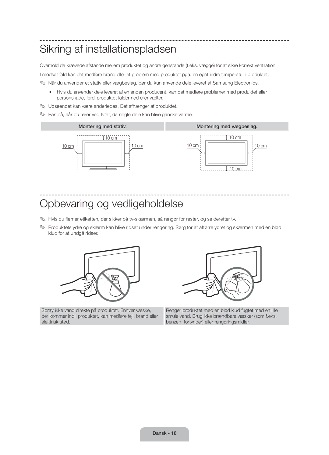 Samsung UE60J6175AUXXE manual Sikring af installationspladsen, Opbevaring og vedligeholdelse, Montering med vægbeslag 10 cm 