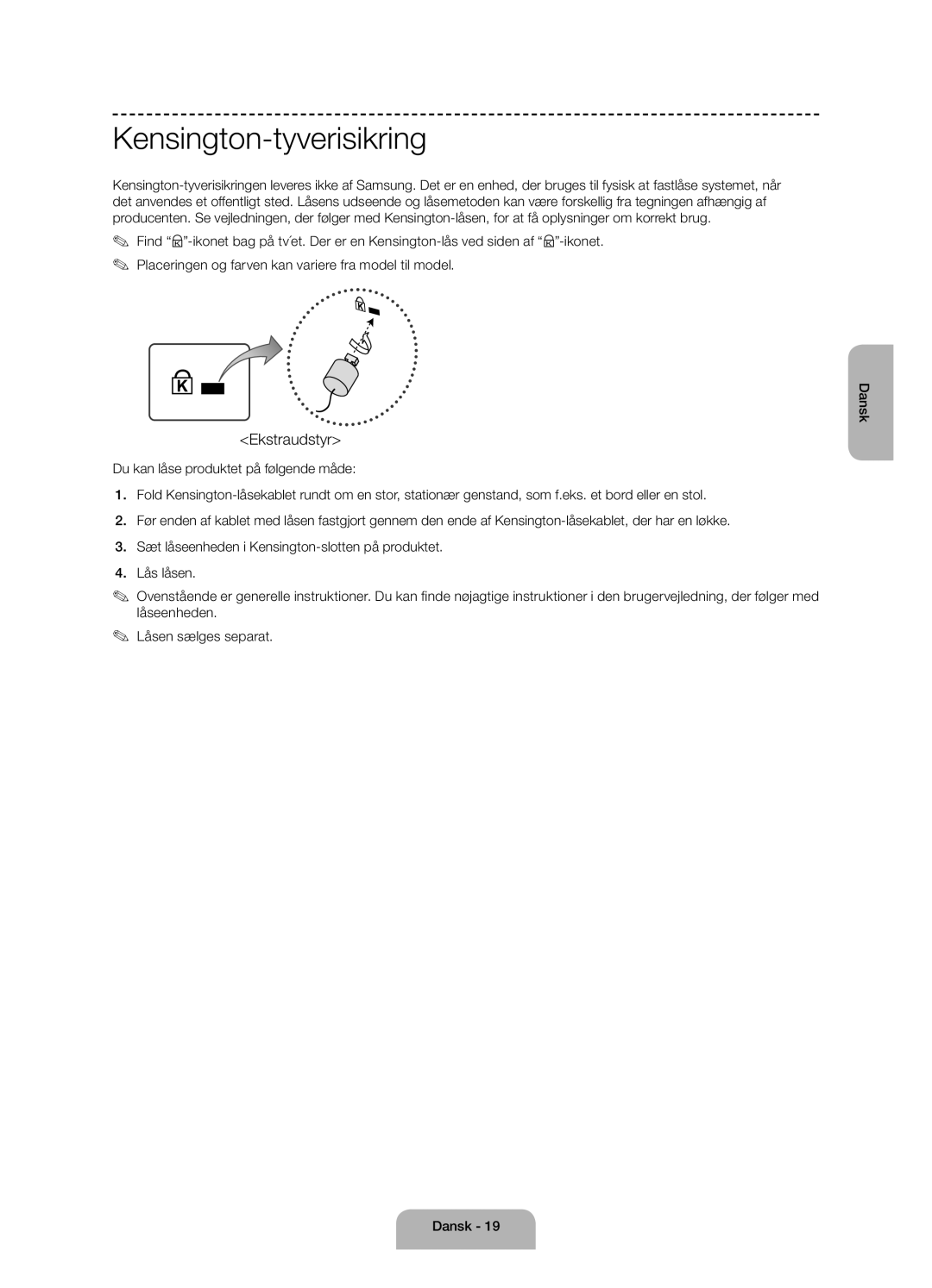 Samsung UE50J6175AUXXE, UE60J6175AUXXE, UE55J6175AUXXE manual Kensington-tyverisikring, Ekstraudstyr 