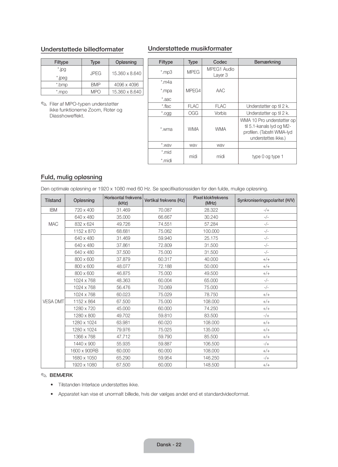 Samsung UE50J6175AUXXE, UE60J6175AUXXE Understøttede billedformater, Understøttede musikformater, Fuld, mulig opløsning 