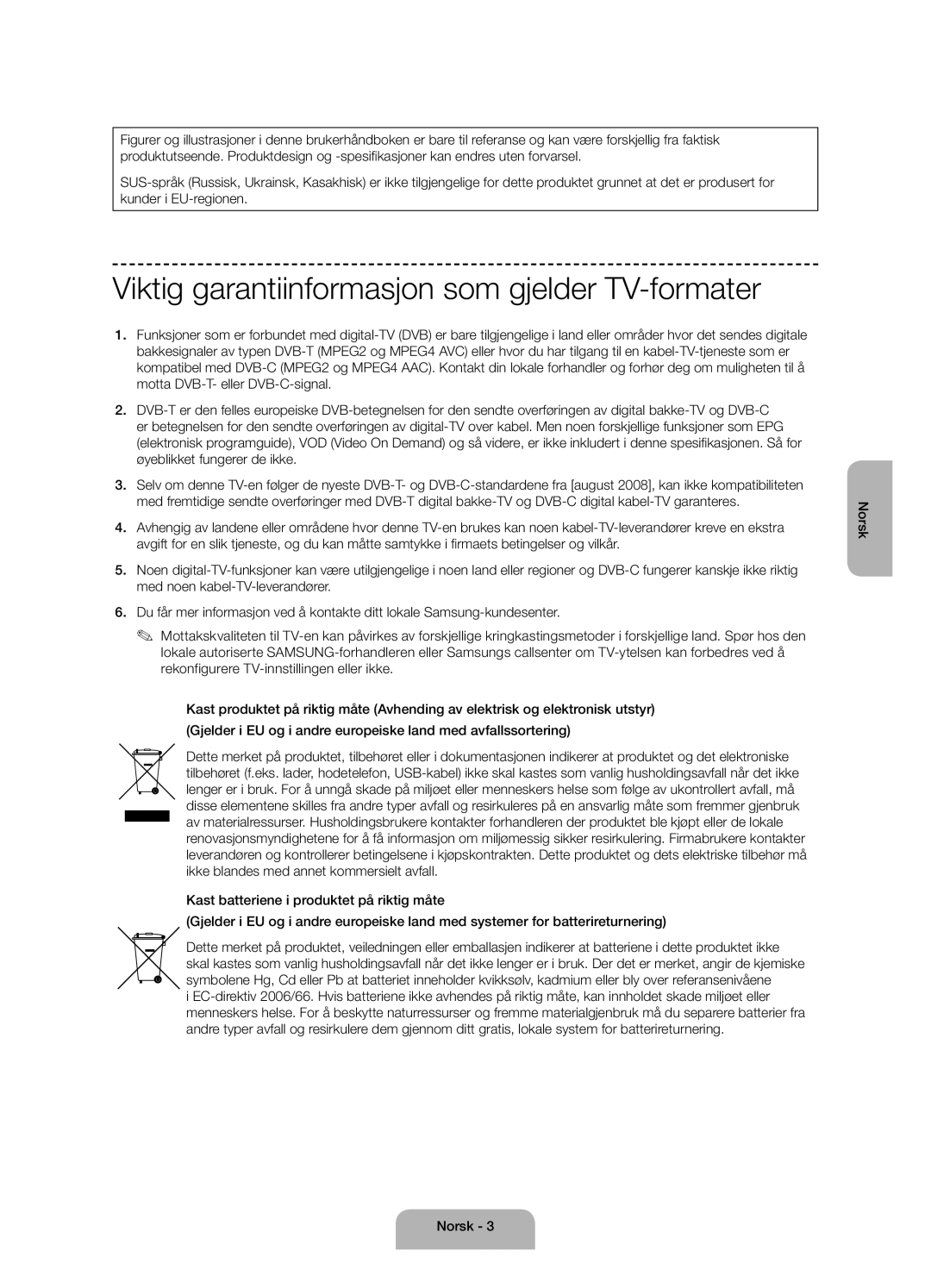 Samsung UE60J6175AUXXE, UE50J6175AUXXE, UE55J6175AUXXE manual Viktig garantiinformasjon som gjelder TV-formater 