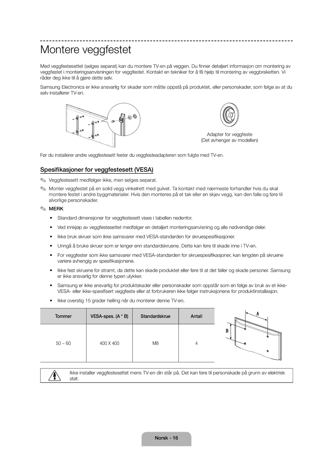 Samsung UE50J6175AUXXE, UE60J6175AUXXE, UE55J6175AUXXE manual Montere veggfestet, Spesifikasjoner for veggfestesett Vesa 