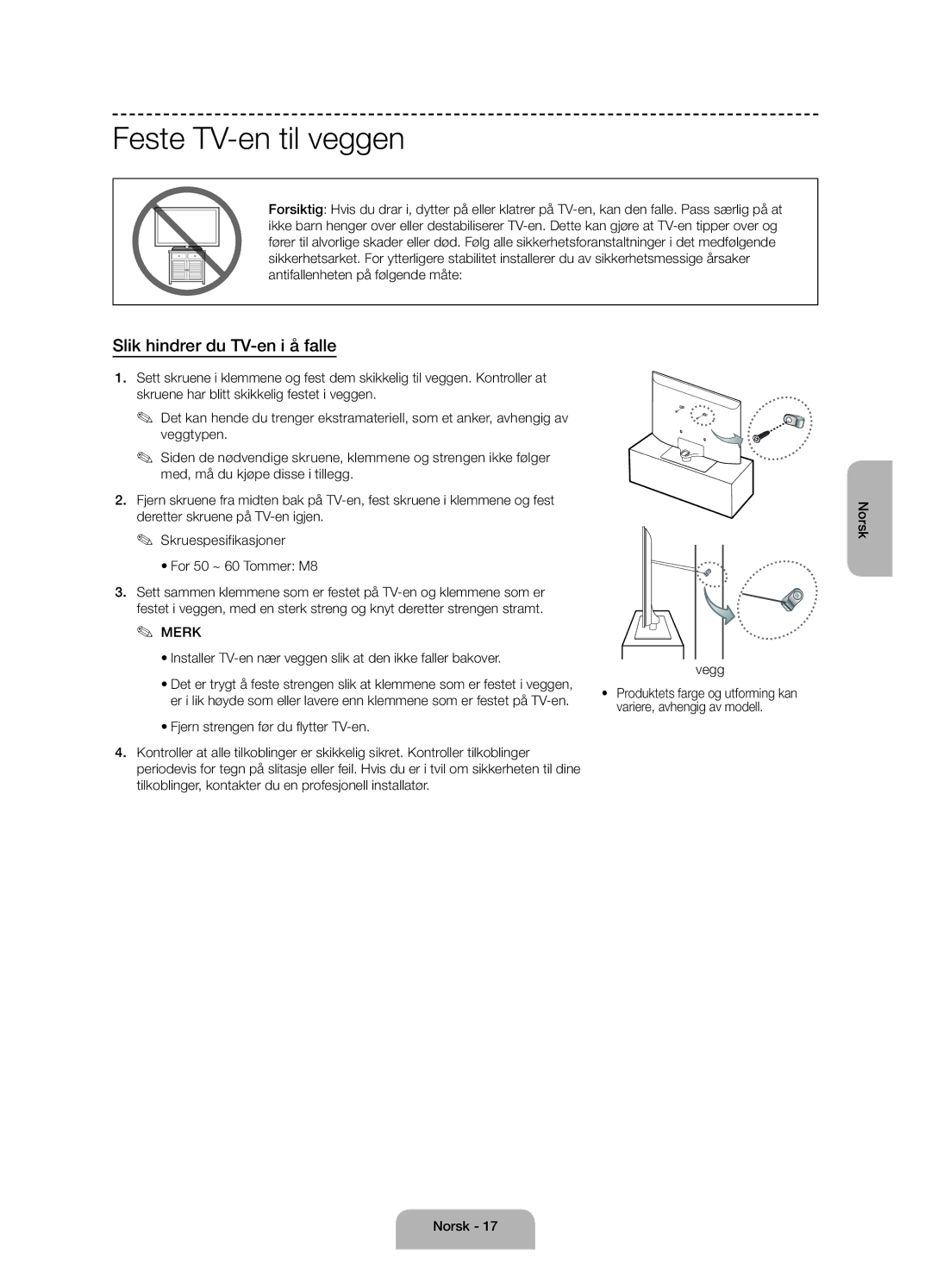 Samsung UE55J6175AUXXE, UE60J6175AUXXE, UE50J6175AUXXE manual Feste TV-en til veggen, Slik hindrer du TV-en i å falle 