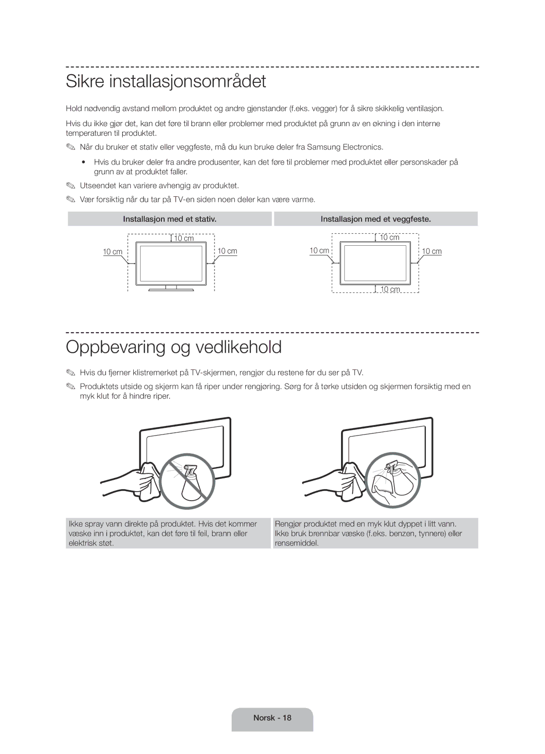 Samsung UE60J6175AUXXE manual Sikre installasjonsområdet, Oppbevaring og vedlikehold, Installasjon med et veggfeste 10 cm 