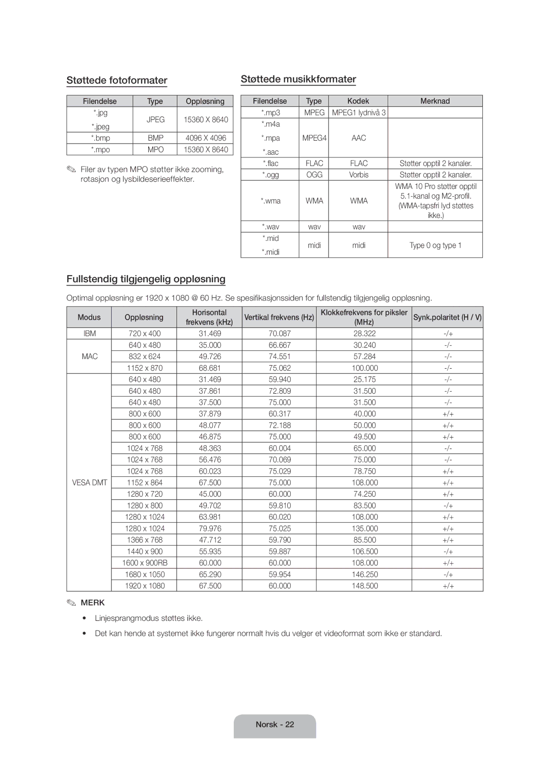 Samsung UE50J6175AUXXE, UE60J6175AUXXE Støttede fotoformater, Støttede musikkformater, Fullstendig tilgjengelig oppløsning 