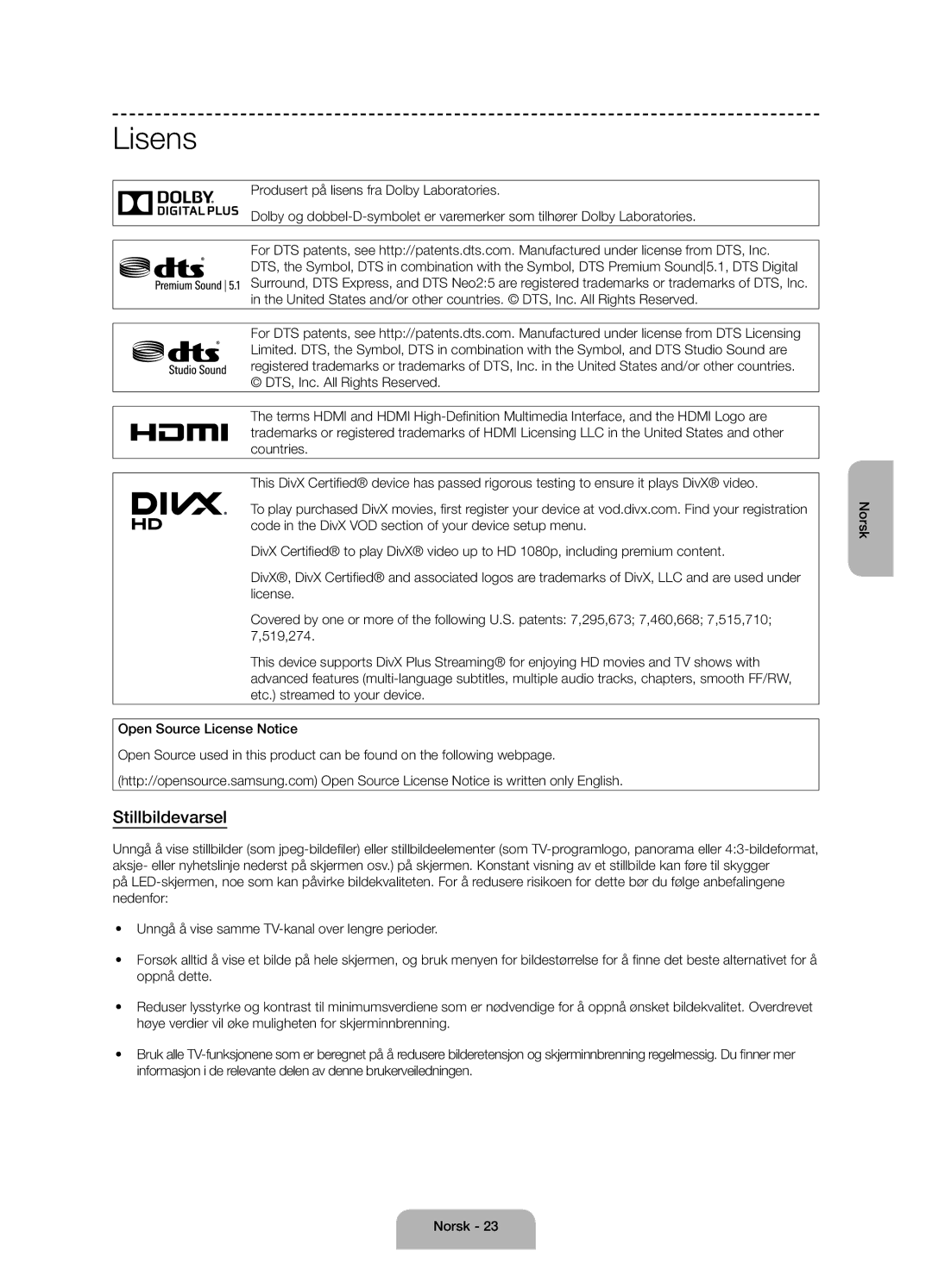 Samsung UE55J6175AUXXE, UE60J6175AUXXE, UE50J6175AUXXE manual Lisens, Stillbildevarsel 