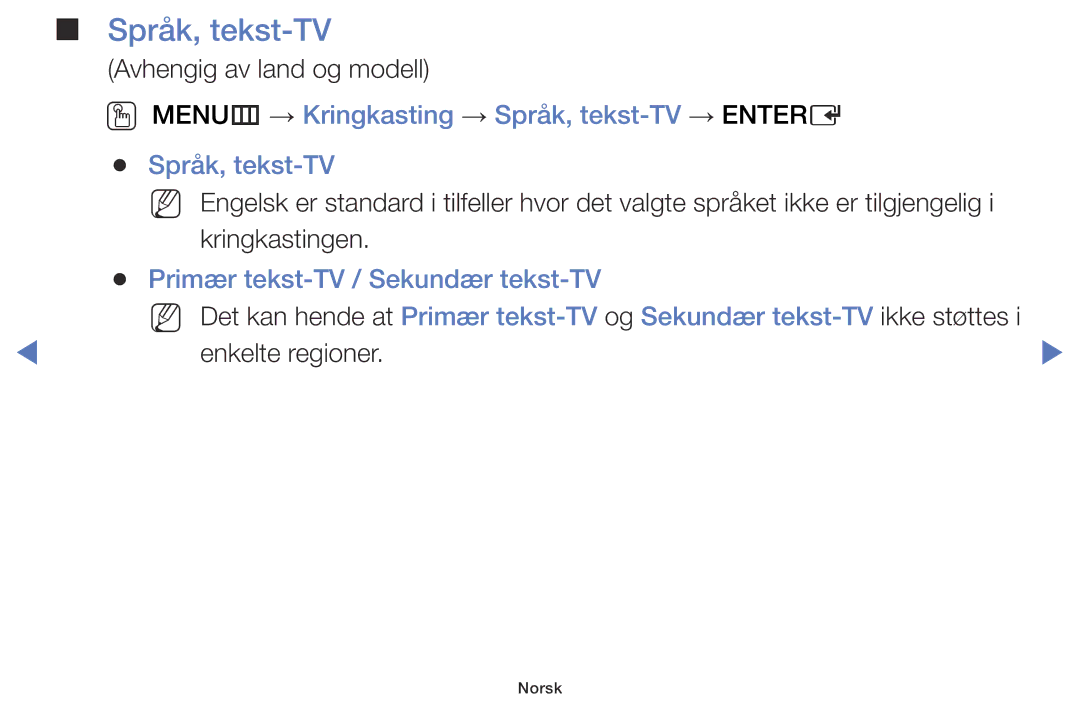 Samsung UE32J5005AKXXE, UE60J6175AUXXE, UE55J5105AKXXE manual OO MENUm → Kringkasting → Språk, tekst-TV → Entere 