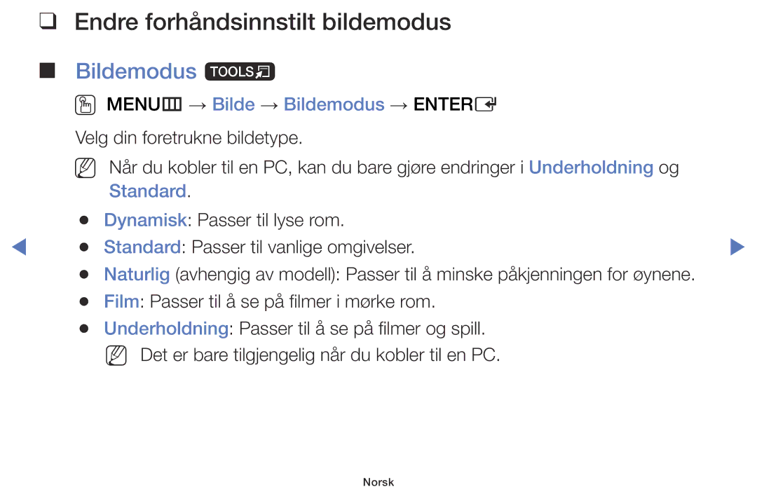 Samsung UE55J5105AKXXE manual Endre forhåndsinnstilt bildemodus, Bildemodus t, OO MENUm → Bilde → Bildemodus → Entere 