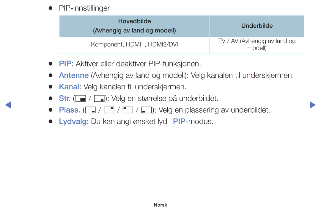 Samsung UE40J5005AKXXE, UE60J6175AUXXE, UE55J5105AKXXE, UE32J5005AKXXE, UE48J5005AKXXE manual PIP-innstillinger 