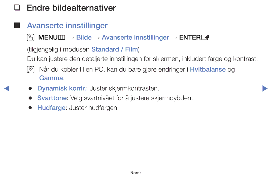 Samsung UE48J5005AKXXE, UE60J6175AUXXE, UE55J5105AKXXE, UE32J5005AKXXE manual Endre bildealternativer, Avanserte innstillinger 