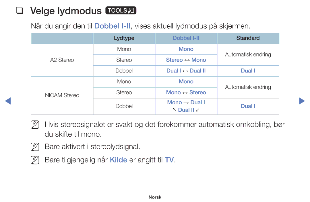 Samsung UE40J5005AKXXE, UE60J6175AUXXE, UE55J5105AKXXE, UE32J5005AKXXE, UE48J5005AKXXE manual Velge lydmodus t 