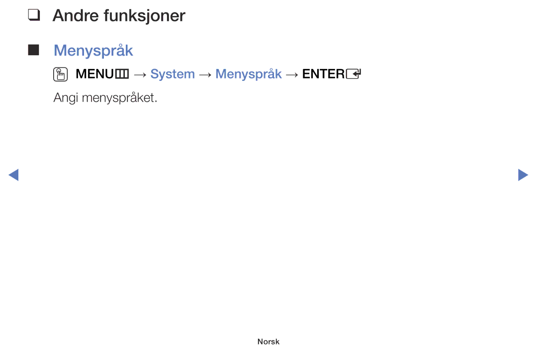 Samsung UE32J5005AKXXE, UE60J6175AUXXE, UE55J5105AKXXE, UE40J5005AKXXE manual OO MENUm → System → Menyspråk → Entere 