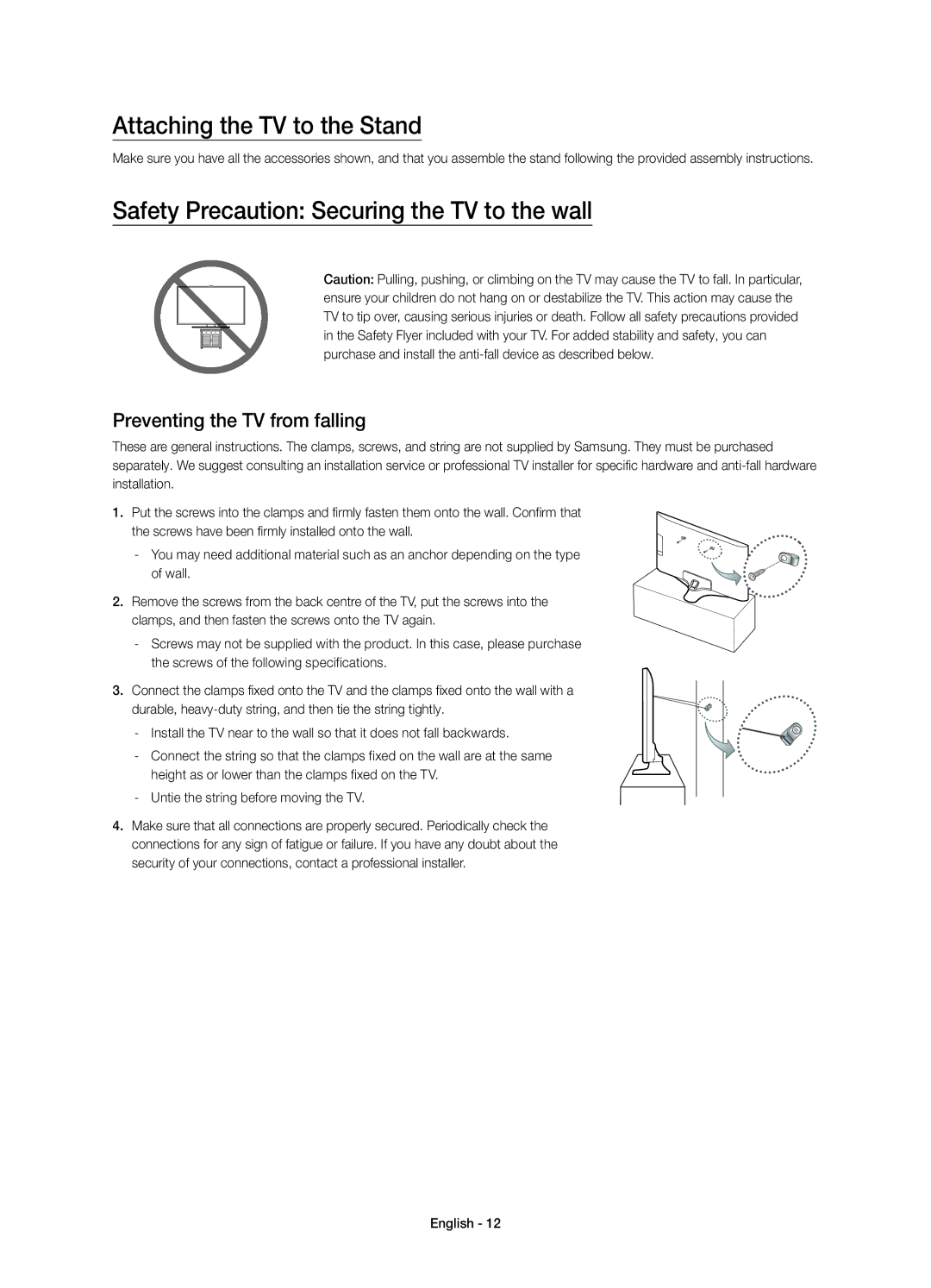 Samsung UE55J6200AKXZT, UE60J6200AKXZT manual Attaching the TV to the Stand, Safety Precaution Securing the TV to the wall 