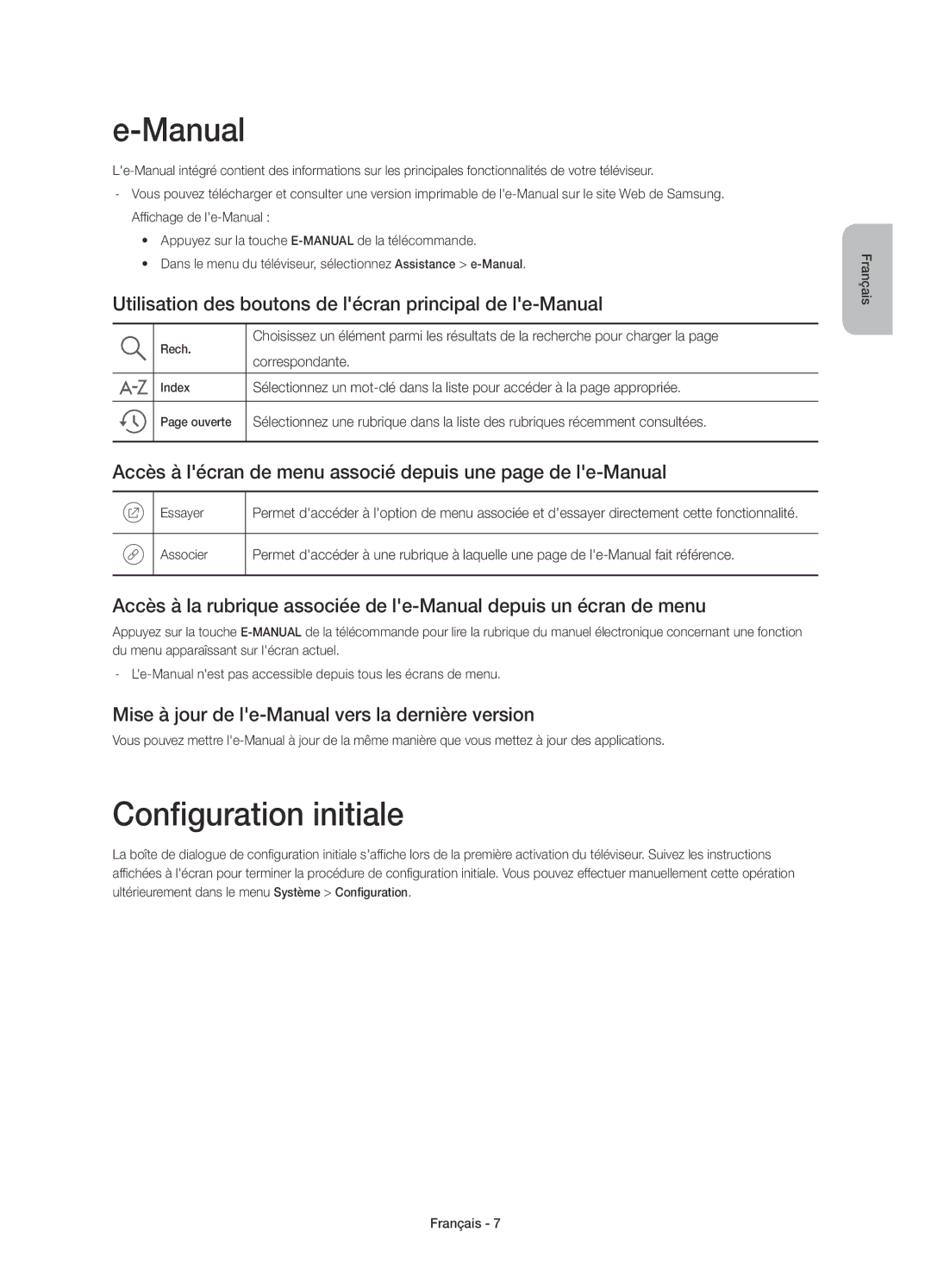 Samsung UE60J6200AKXXC manual Configuration initiale, Utilisation des boutons de lécran principal de le-Manual 