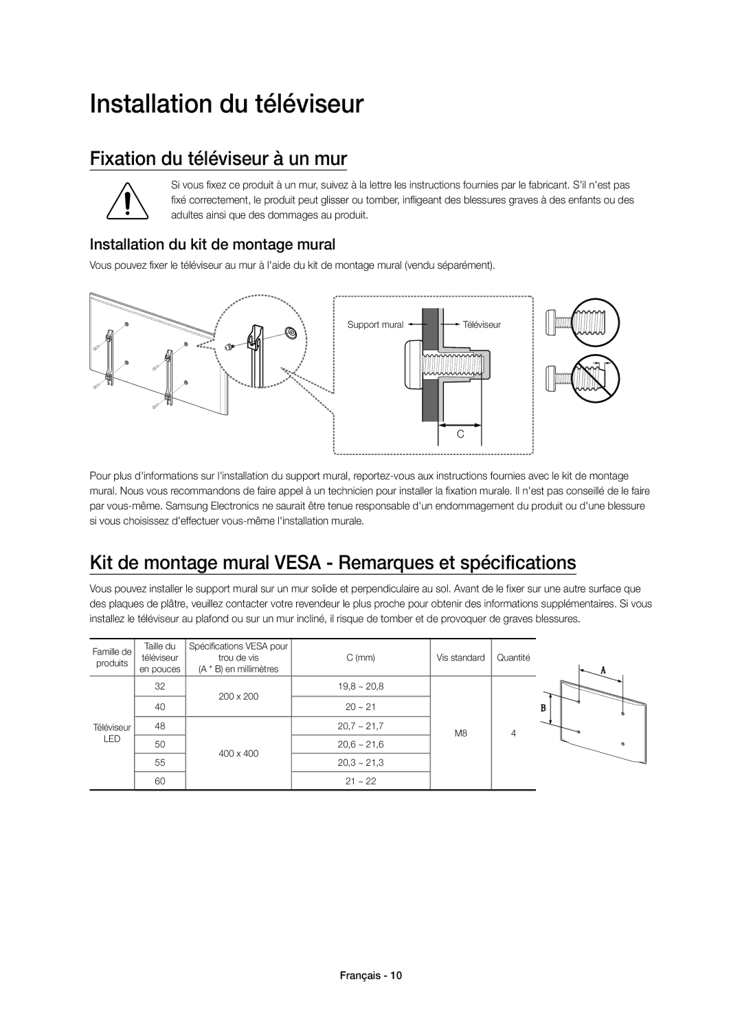 Samsung UE50J6200AKXZT Installation du téléviseur, Fixation du téléviseur à un mur, Installation du kit de montage mural 