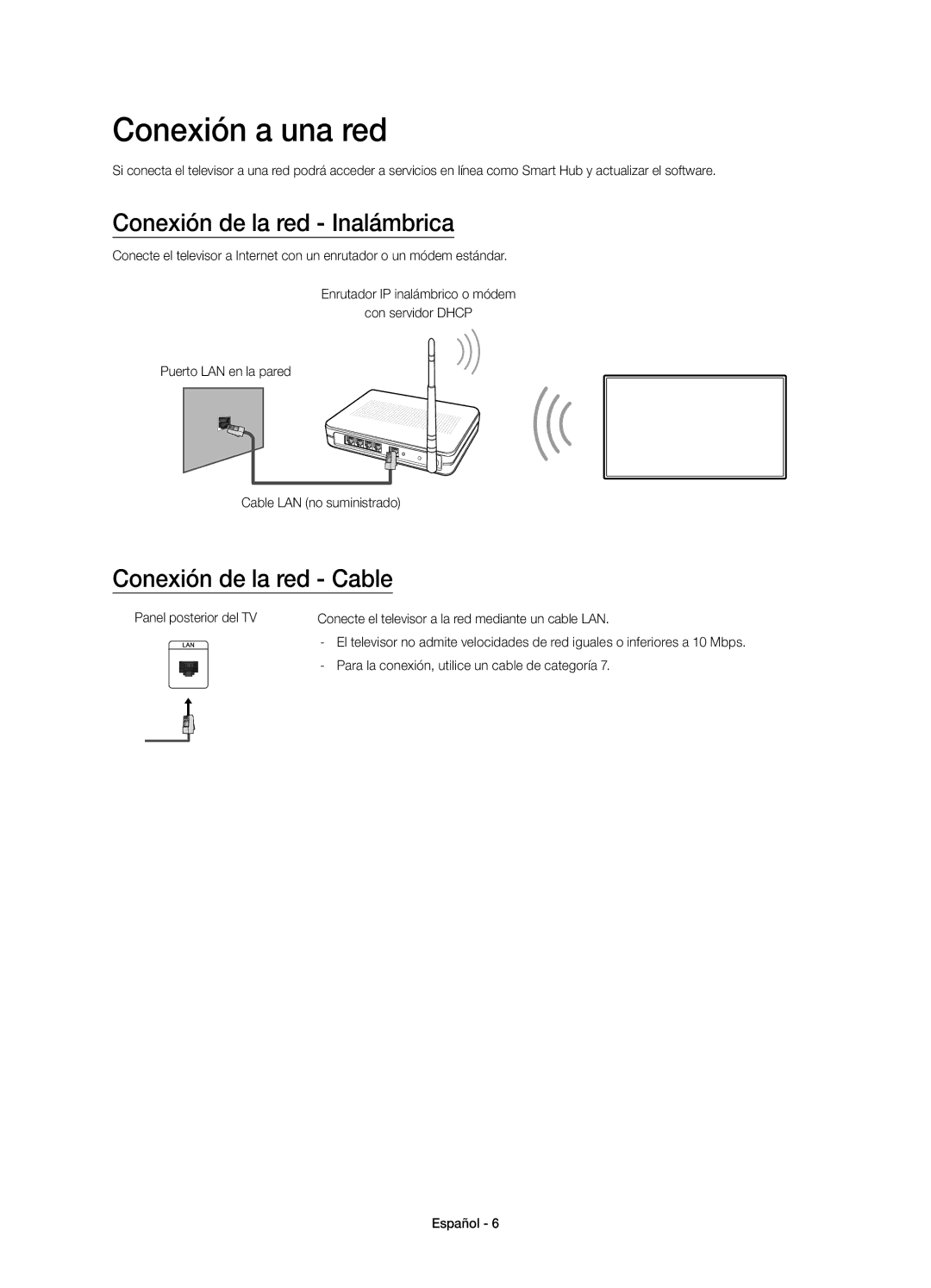 Samsung UE55J6200AKXZT, UE60J6200AKXZT manual Conexión a una red, Conexión de la red Inalámbrica, Conexión de la red Cable 