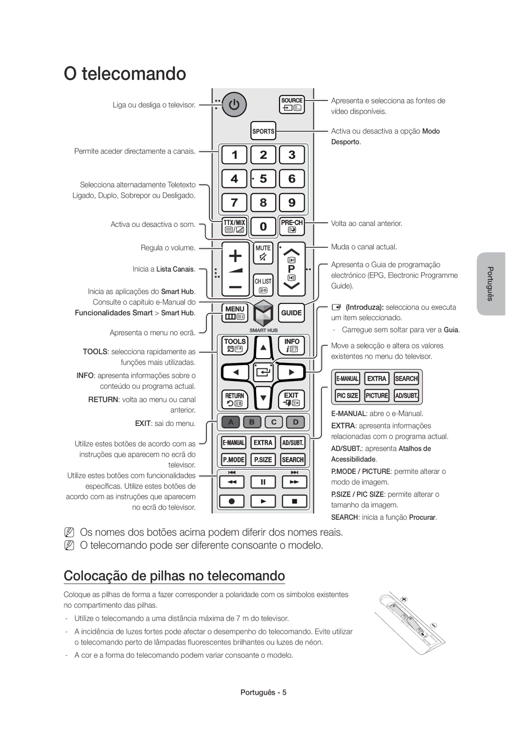 Samsung UE48J6200AKXZT, UE60J6200AKXZT, UE55J6200AKXZT, UE50J6200AKXZT manual Telecomando, Colocação de pilhas no telecomando 