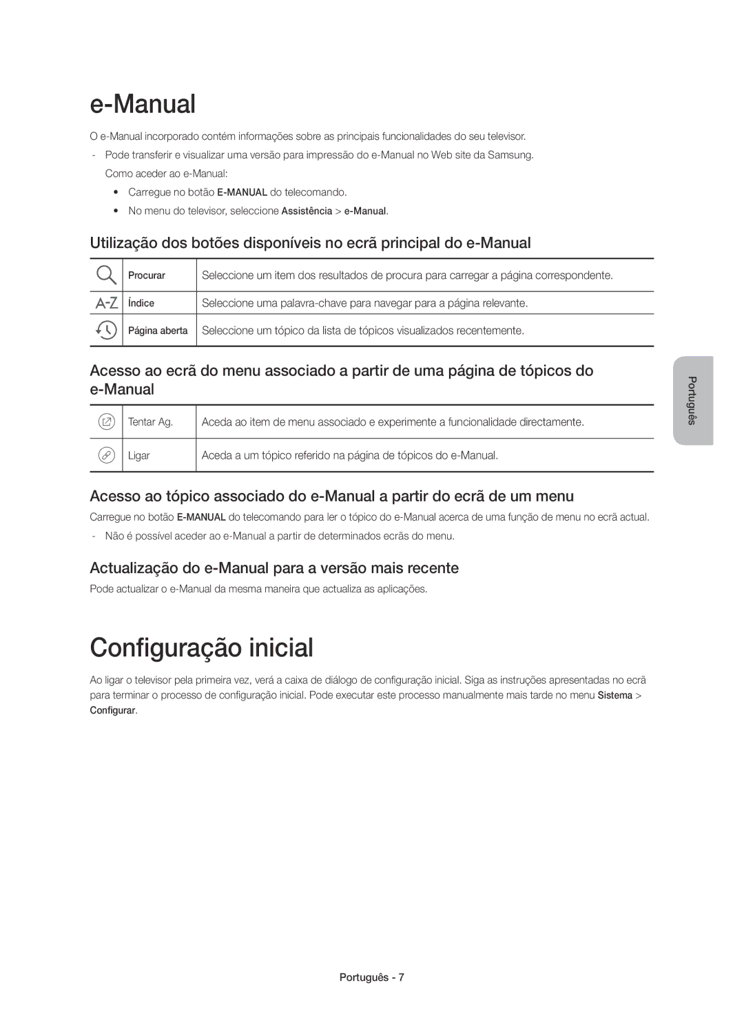 Samsung UE40J6200AKXXC, UE60J6200AKXZT manual Configuração inicial, Actualização do e-Manual para a versão mais recente 