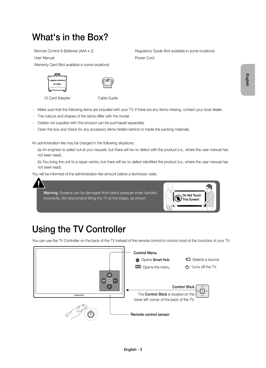 Samsung UE55JS7200UXRU, UE60JS7200UXRU manual Whats in the Box?, Using the TV Controller, CI Card Adapter, Control Stick 