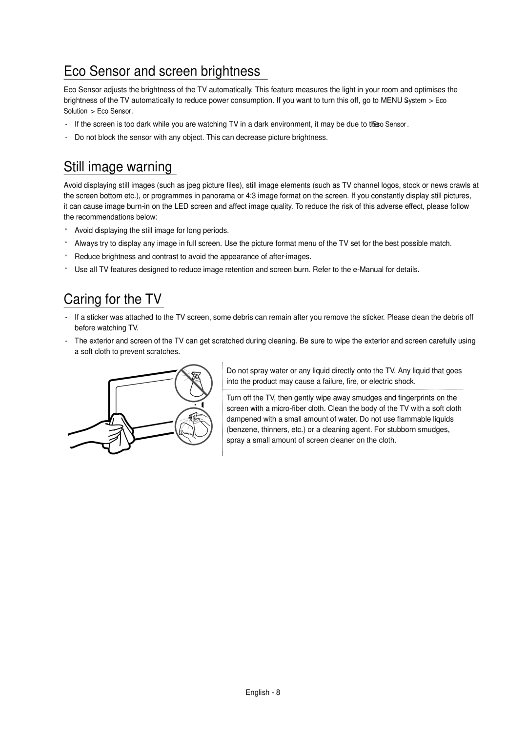 Samsung UE50JS7200UXRU, UE60JS7200UXRU manual Eco Sensor and screen brightness, Still image warning, Caring for the TV 