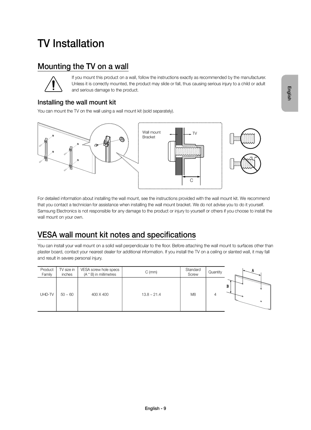 Samsung UE55JS7200UXRU manual TV Installation, Mounting the TV on a wall, Vesa wall mount kit notes and specifications 