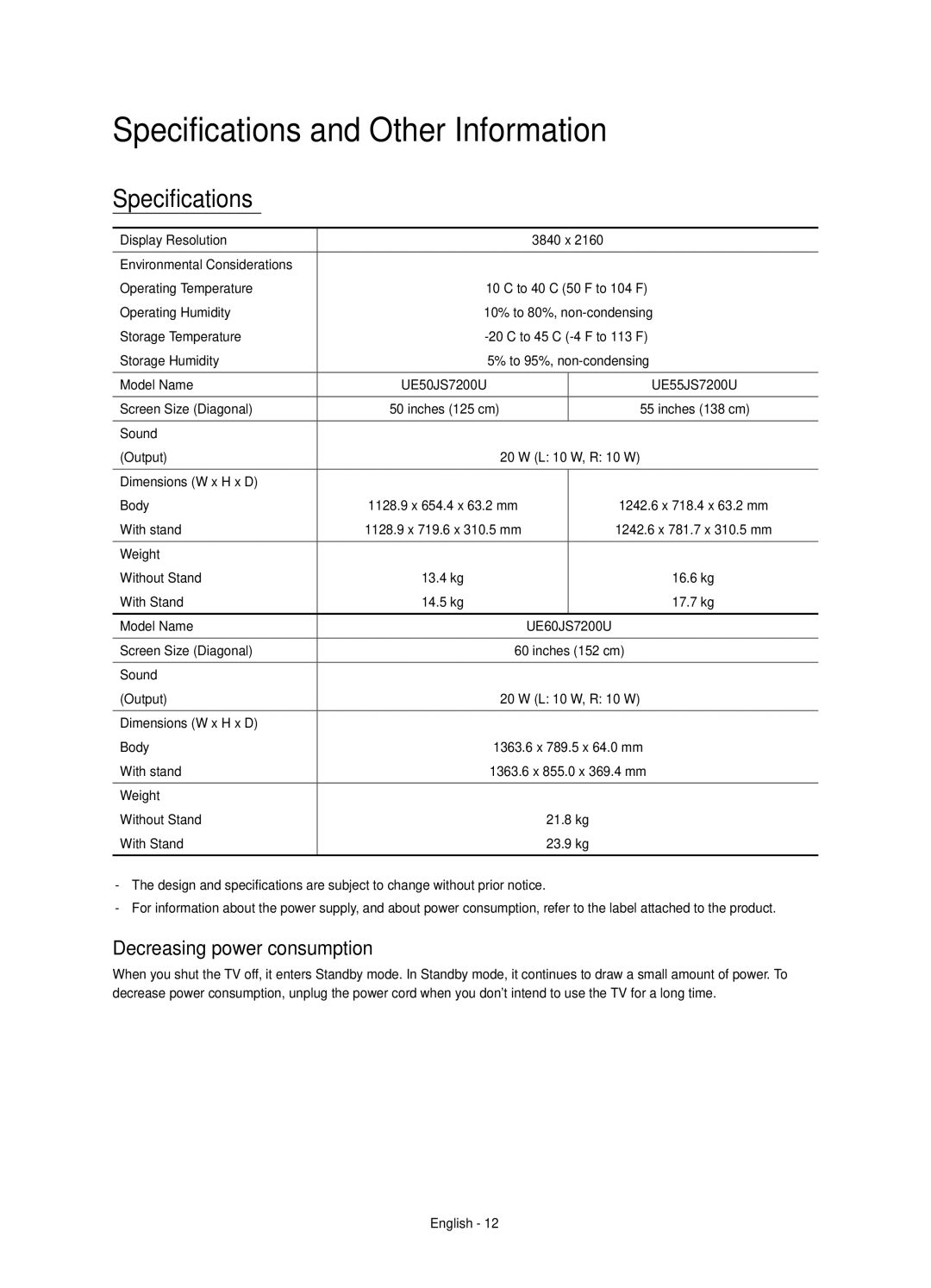 Samsung UE55JS7200UXRU, UE60JS7200UXRU, UE50JS7200UXRU Specifications and Other Information, Decreasing power consumption 