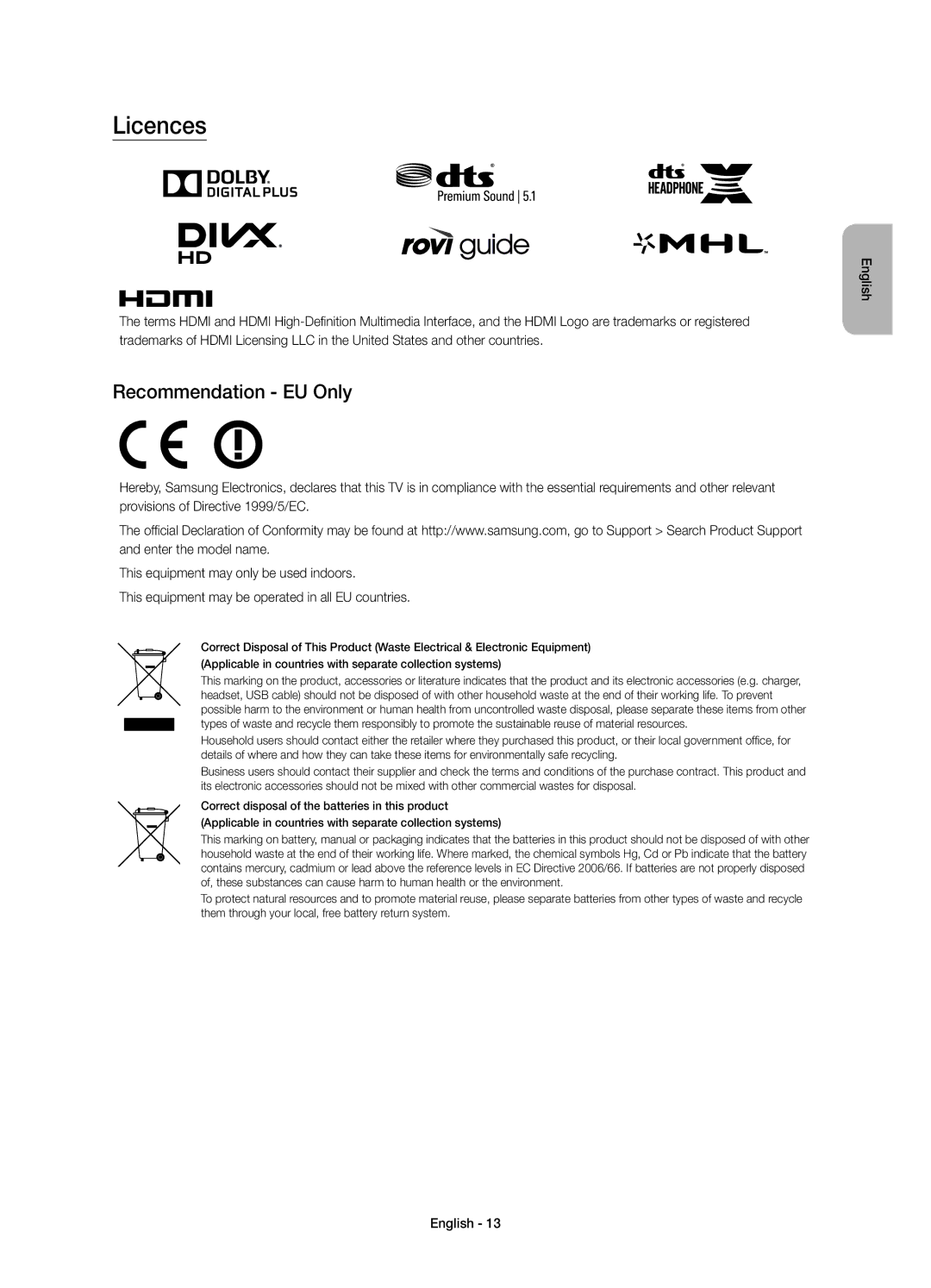 Samsung UE60JS7200UXRU, UE50JS7200UXRU, UE55JS7200UXRU manual Licences, Recommendation EU Only 