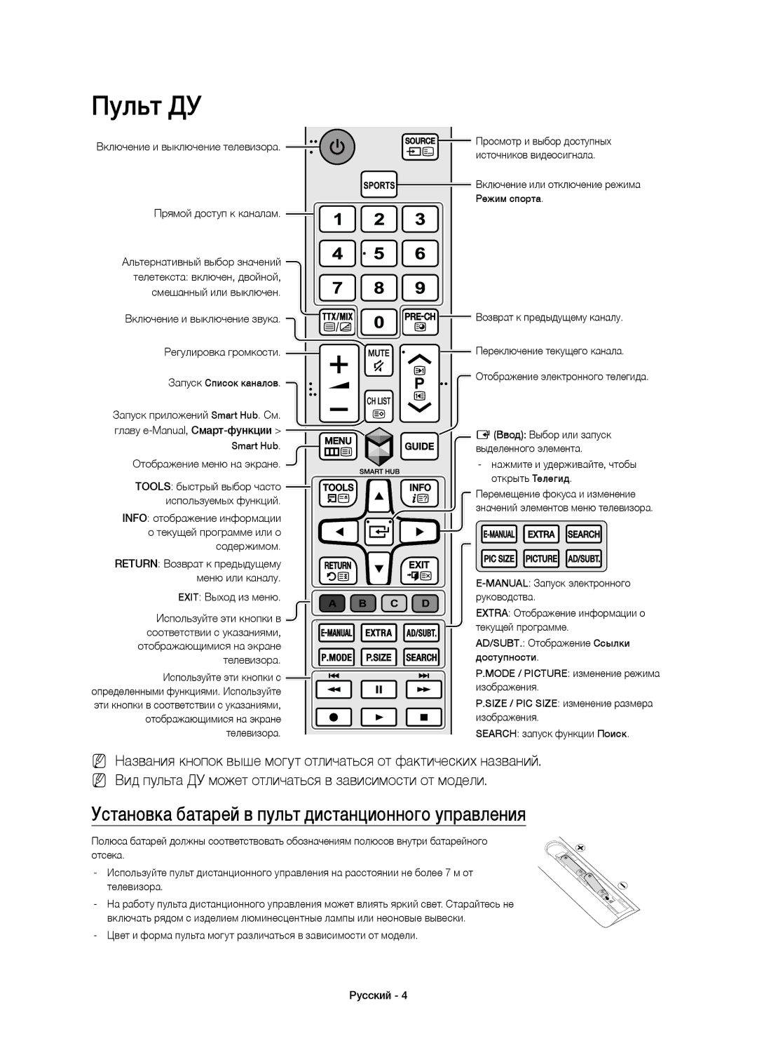 Samsung UE50JS7200UXRU, UE60JS7200UXRU, UE55JS7200UXRU manual Пульт ДУ, Установка батарей в пульт дистанционного управления 