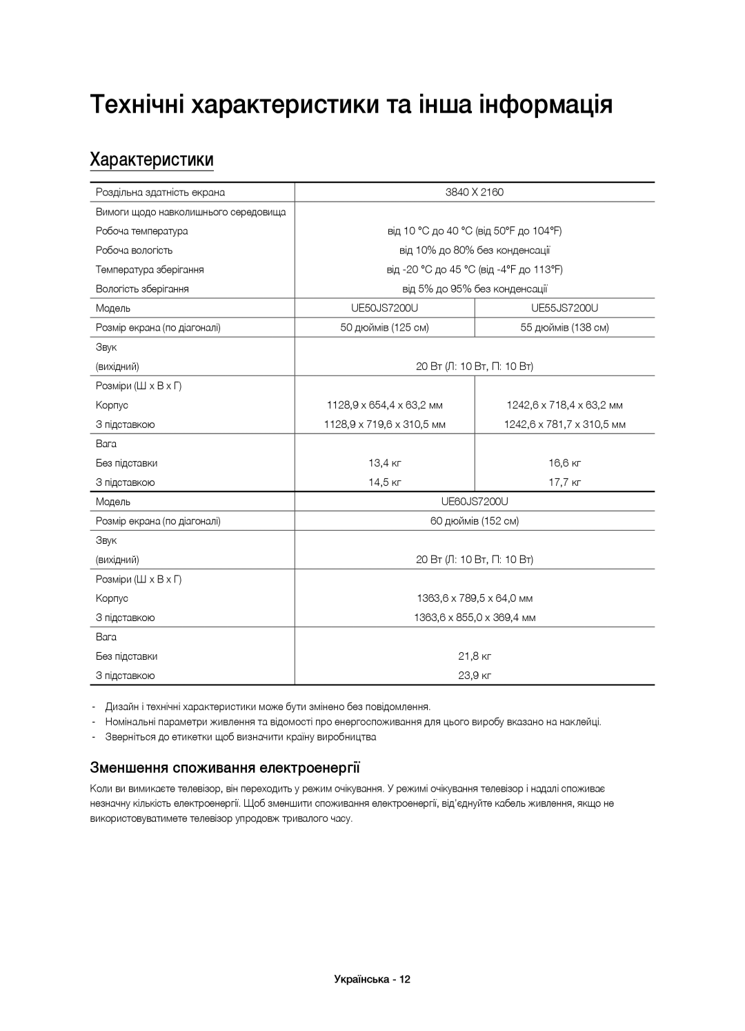 Samsung UE50JS7200UXRU Технічні характеристики та інша інформація, Характеристики, Зменшення споживання електроенергії 