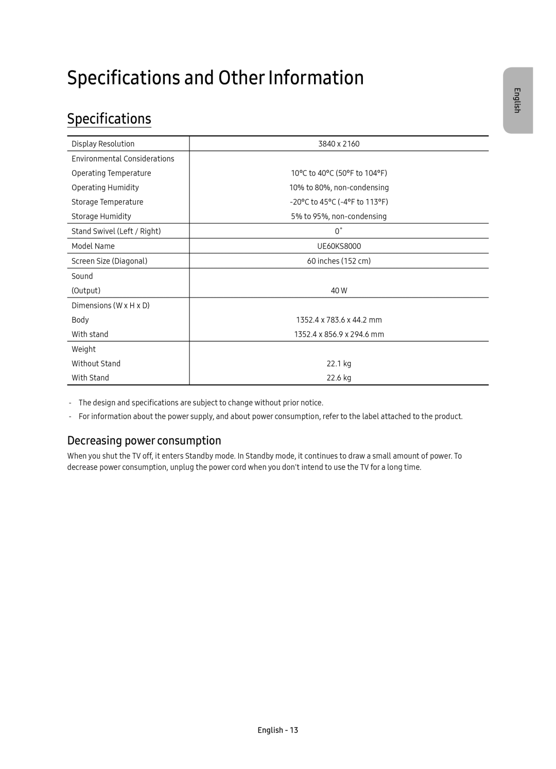 Samsung UE60KS8000UXSQ manual Specifications and Other Information, Decreasing power consumption 