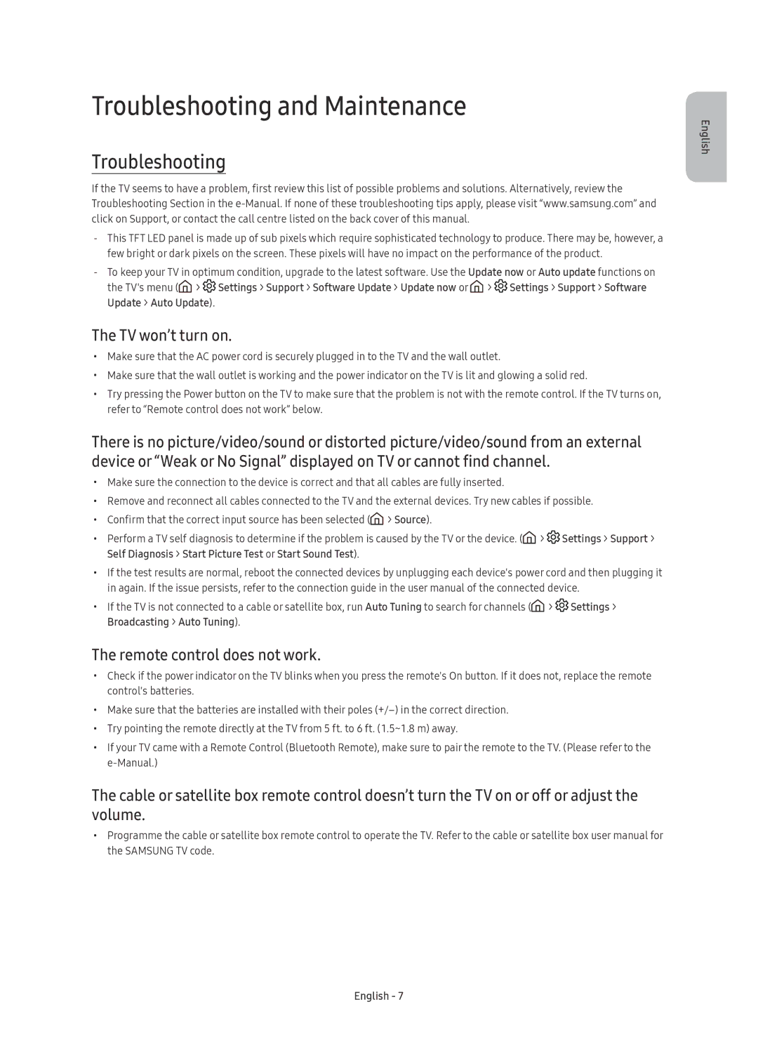 Samsung UE60KS8000UXSQ manual Troubleshooting and Maintenance, TV won’t turn on, Remote control does not work 