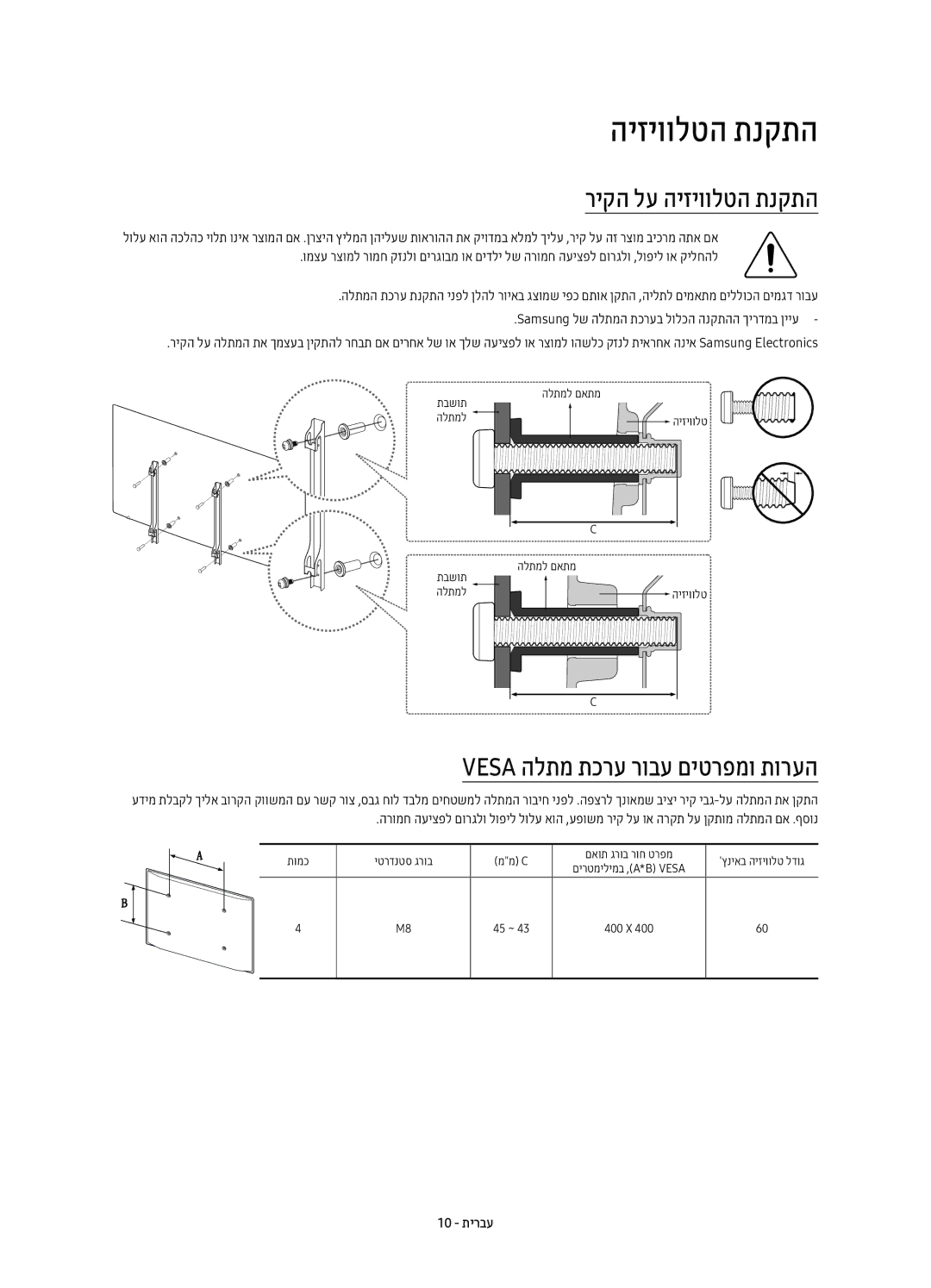 Samsung UE60KS8000UXSQ manual ריקה לע היזיוולטה תנקתה, Vesa הלתמ תכרע רובע םיטרפמו תורעה 