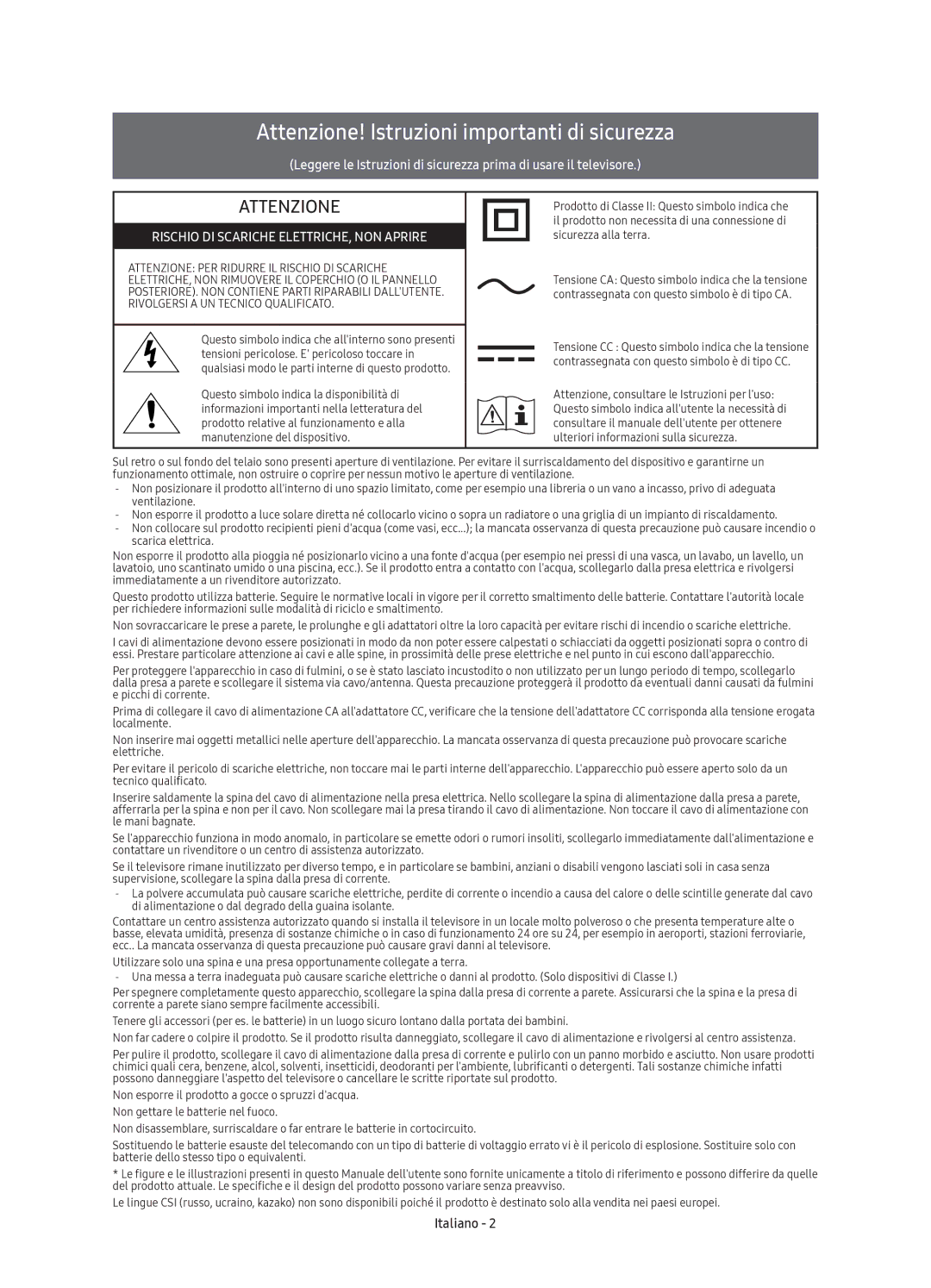 Samsung UE60KU6000KXZT, UE40KU6000KXZT, UE65KU6000KXZT, UE55KU6000KXZT manual Attenzione! Istruzioni importanti di sicurezza 