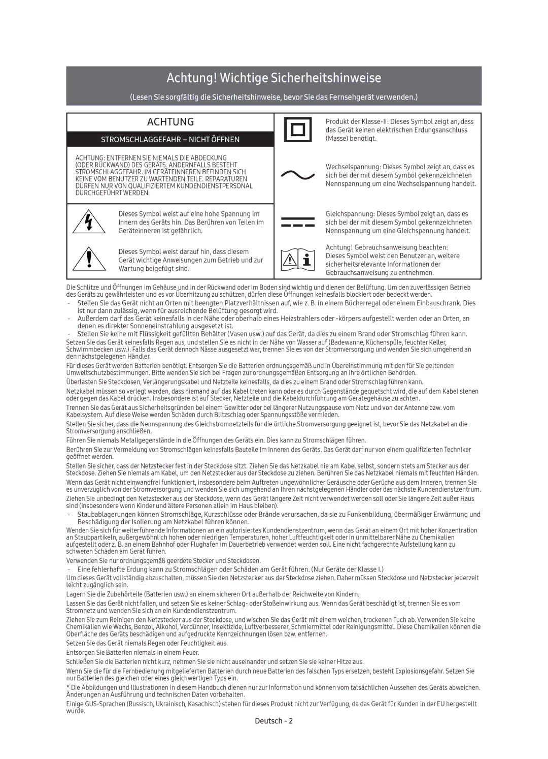 Samsung UE60KU6000KXZT, UE40KU6000KXZT, UE65KU6000KXZT, UE55KU6000KXZT, UE50KU6000KXZT Achtung! Wichtige Sicherheitshinweise 