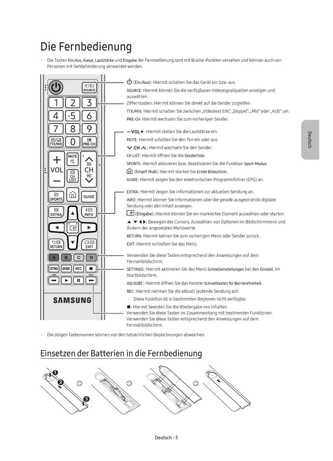 Samsung UE55KU6000KXZT, UE60KU6000KXZT, UE40KU6000KXZT manual Die Fernbedienung, Einsetzen der Batterien in die Fernbedienung 