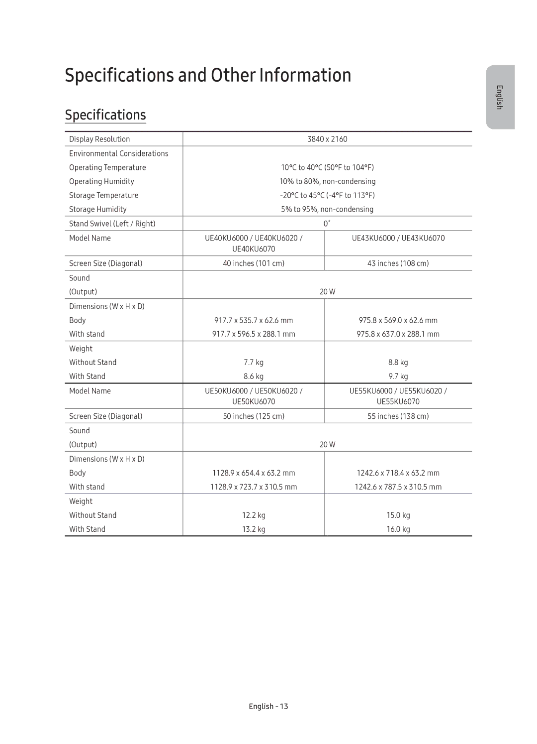 Samsung UE60KU6020KXXC manual Specifications and Other Information 