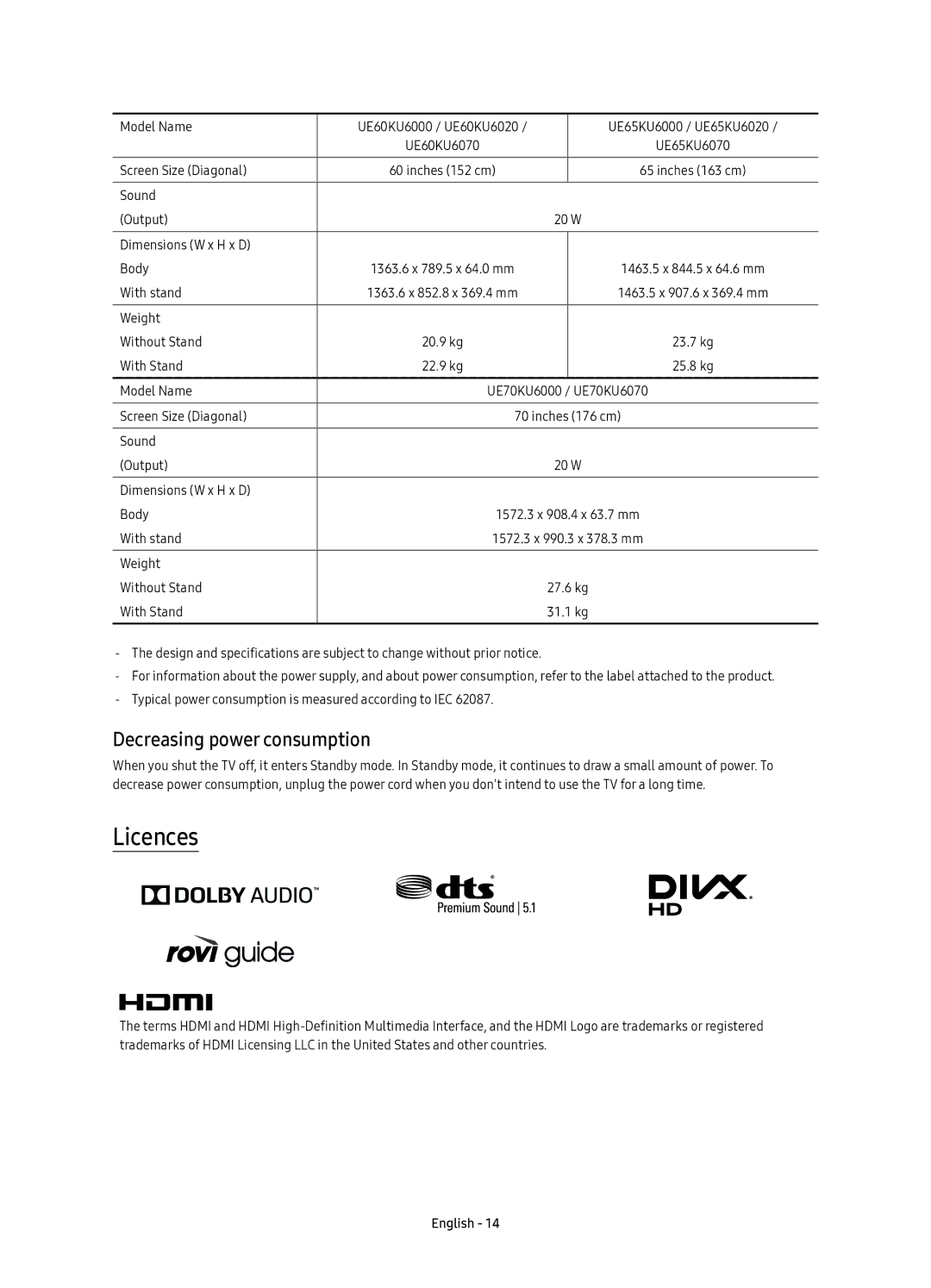 Samsung UE60KU6020KXXC manual Licences, Decreasing power consumption 