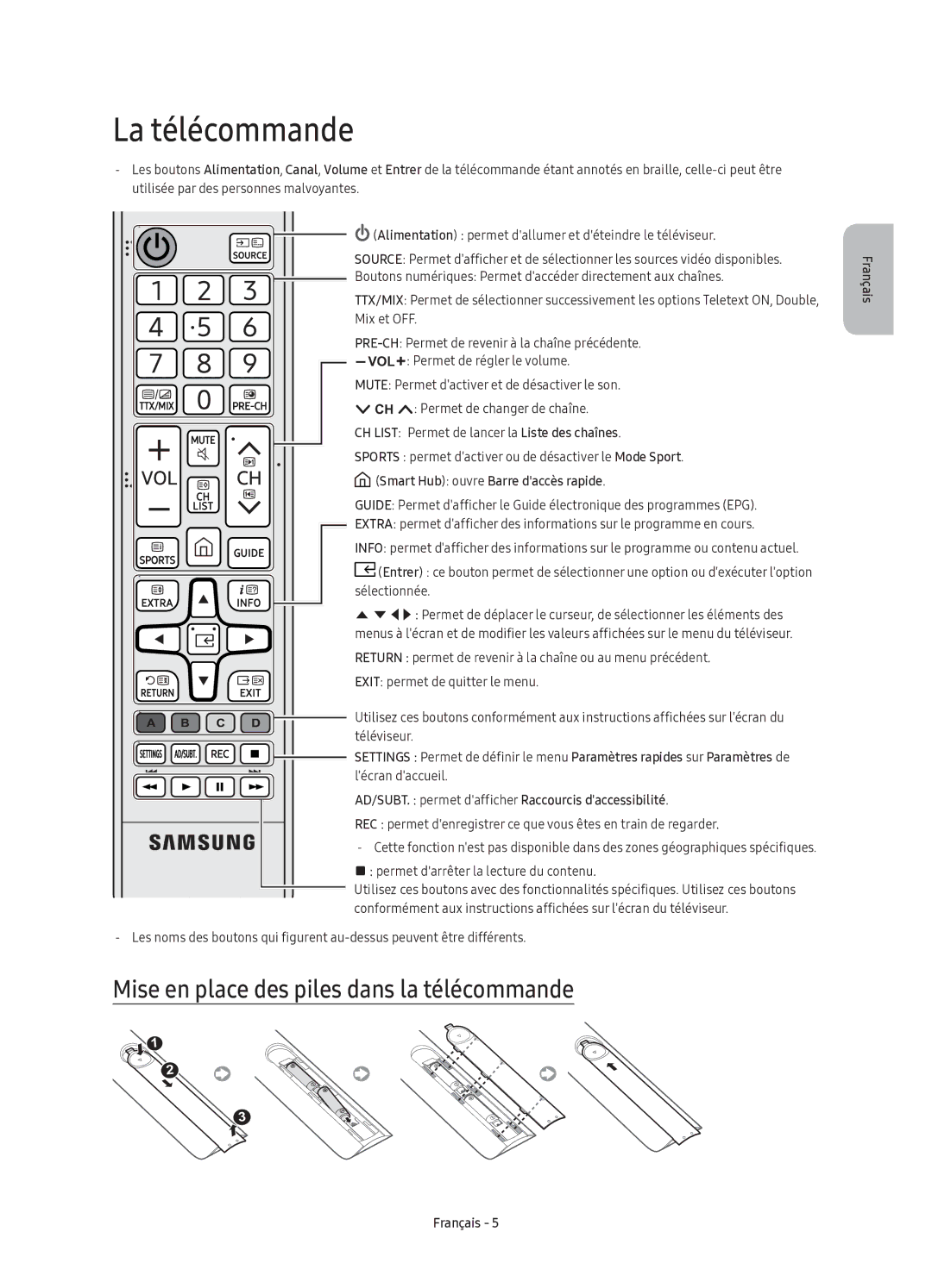 Samsung UE60KU6020KXXC La télécommande, Mise en place des piles dans la télécommande, Smart Hub ouvre Barre daccès rapide 