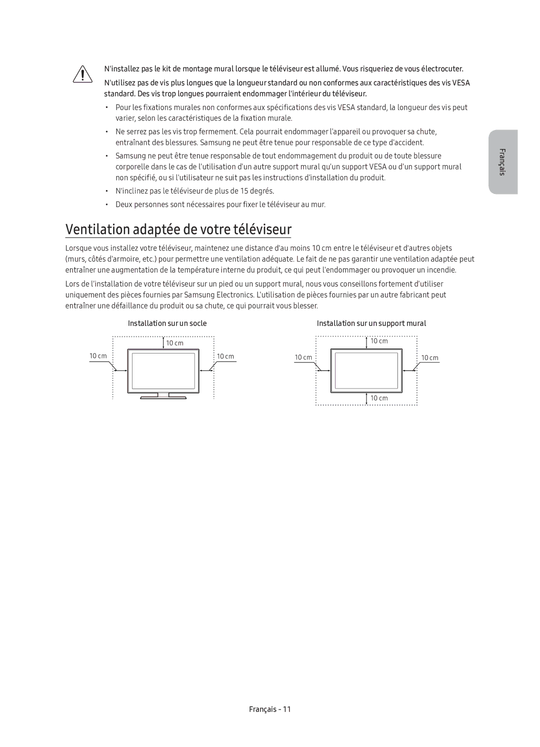 Samsung UE60KU6020KXXC manual Ventilation adaptée de votre téléviseur, Installation sur un socle 