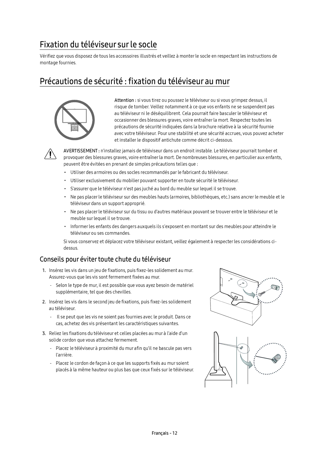 Samsung UE60KU6020KXXC manual Fixation du téléviseur sur le socle, Précautions de sécurité fixation du téléviseur au mur 